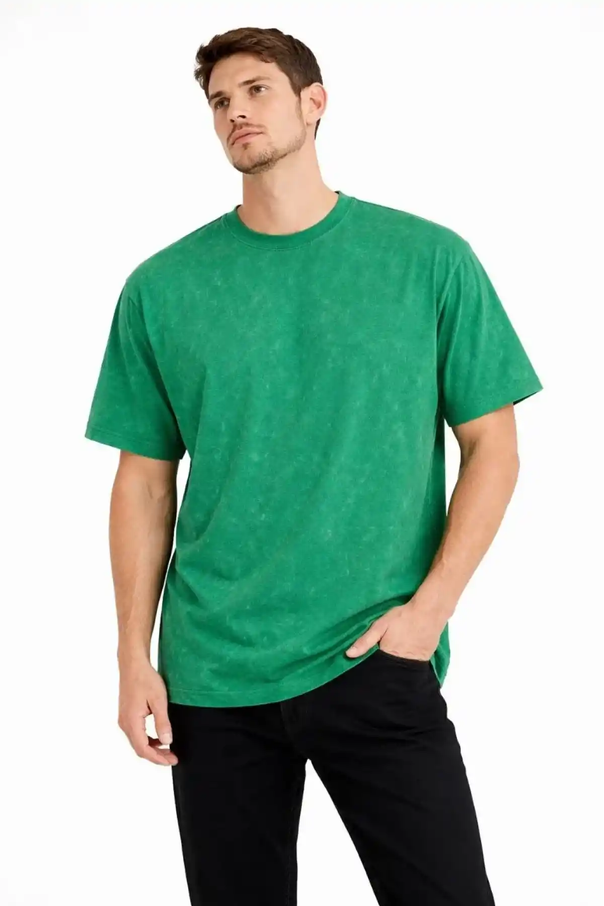 Erkek Asit Yıkama Bisiklet Yaka Kısa Kollu Oversize T-Shirt Tişört - Yeşil