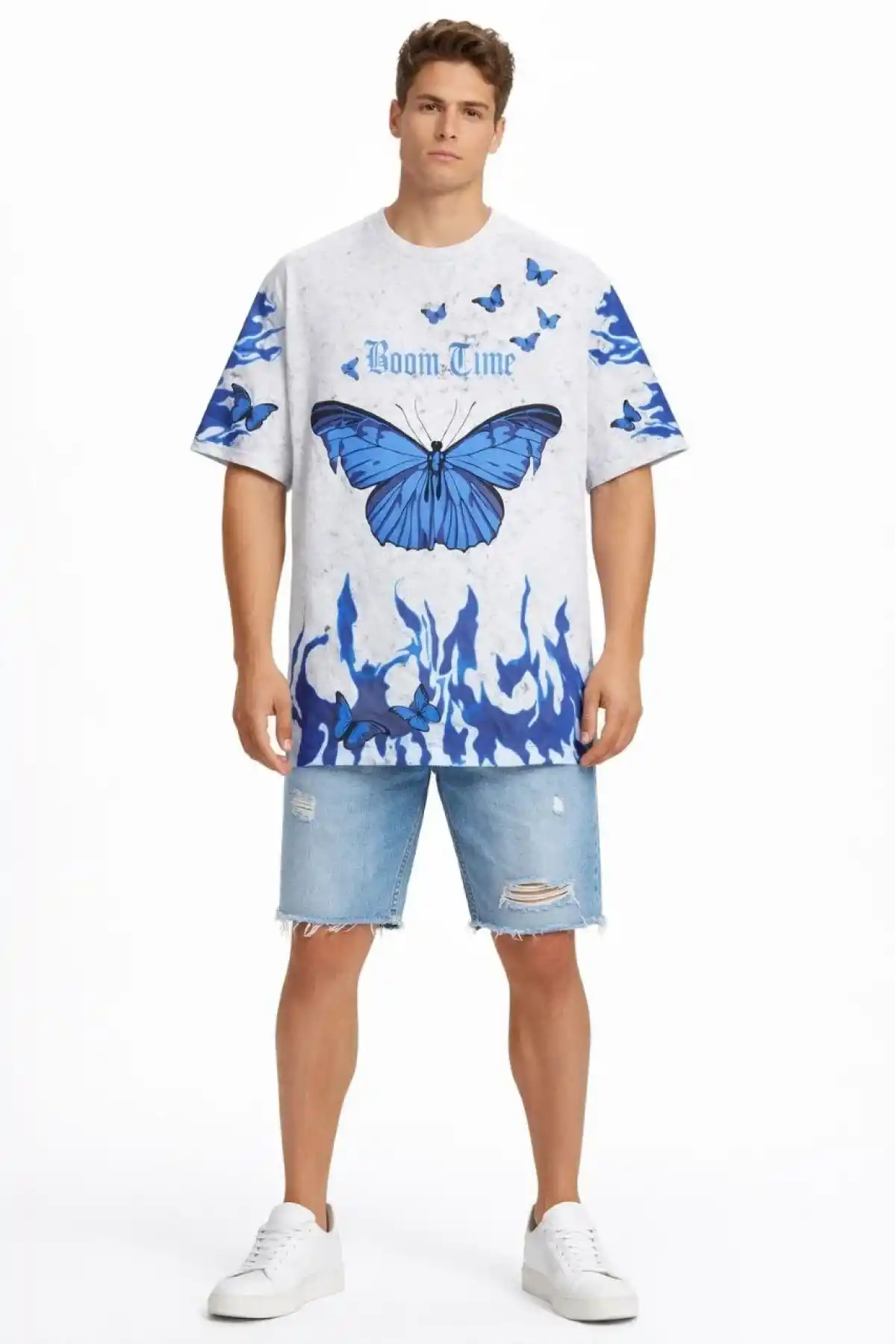 Erkek Asit Yıkamalı Oversize Tişört Mavi Kelebek Baskılı Dijital Print Bisiklet - Beyaz