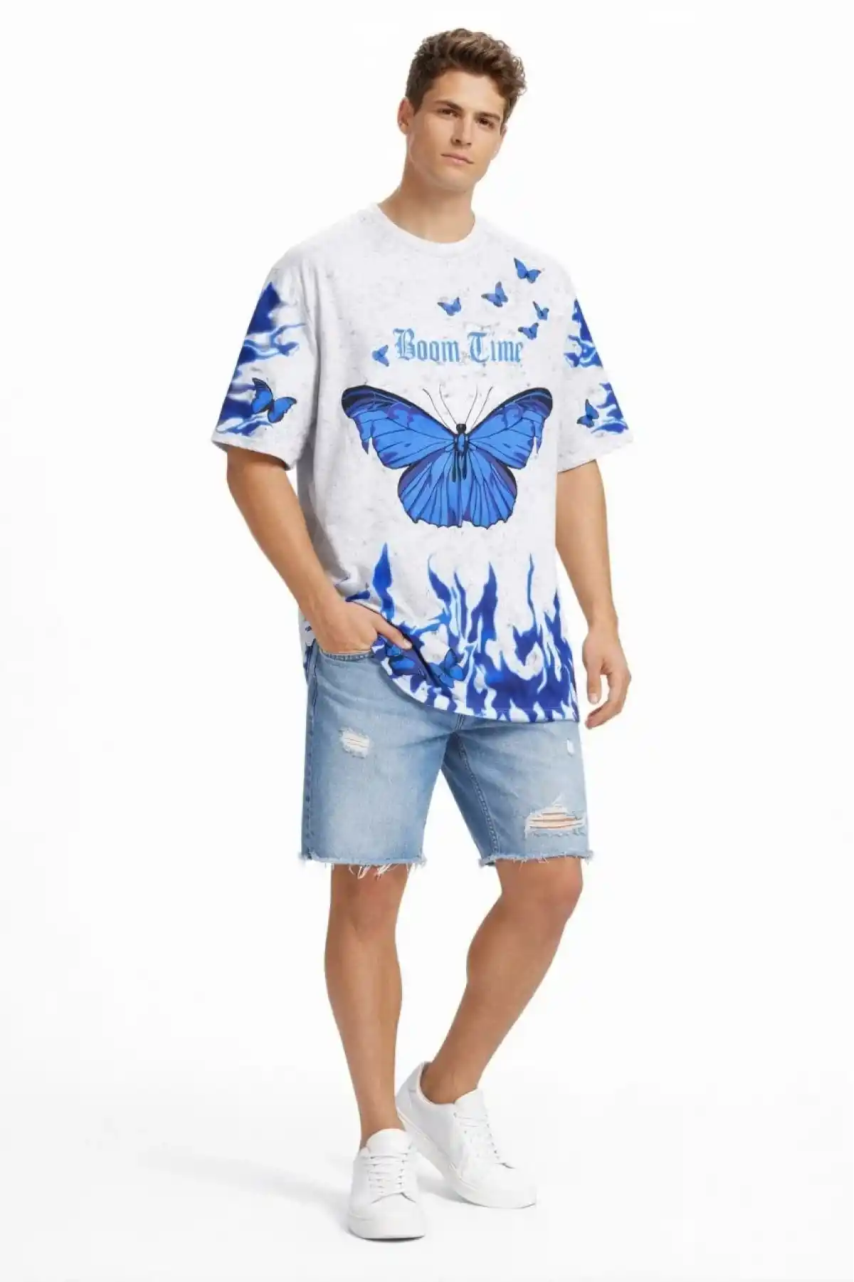 Erkek Asit Yıkamalı Oversize Tişört Mavi Kelebek Baskılı Dijital Print Bisiklet - Beyaz