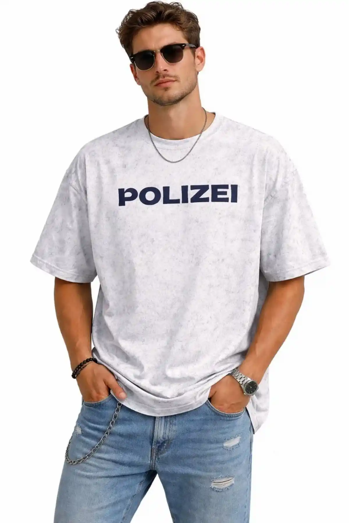 Erkek Asit Yıkamalı Oversize Tişört ön ve Arkası Baskılı %100 Pamuk Street Style - Beyaz