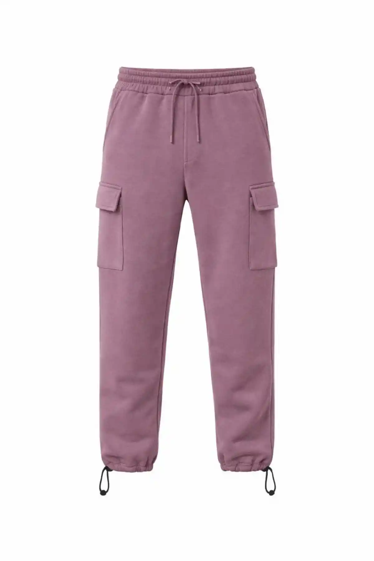 Erkek Baggy Üç İplik Kargo Cepli Eşofman Ayarlanabilir Paça Beli İpli Pantolon - Gül Kurusu