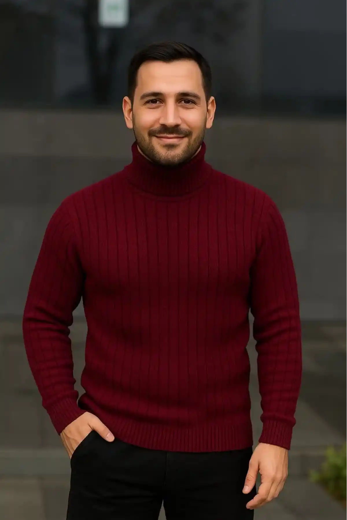 Erkek Balıkcı Yaka Bağazlı Triko Kazak Pamuklu Kalın Fitilli Dokuma, Regular Fit Uzun Kollu Kışlık Model - Bordo