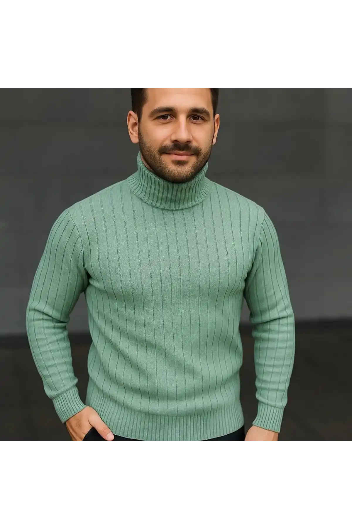 Erkek Balıkcı Yaka Bağazlı Triko Kazak Pamuklu Kalın Fitilli Dokuma, Regular Fit Uzun Kollu Kışlık Model - Mint Yeşili