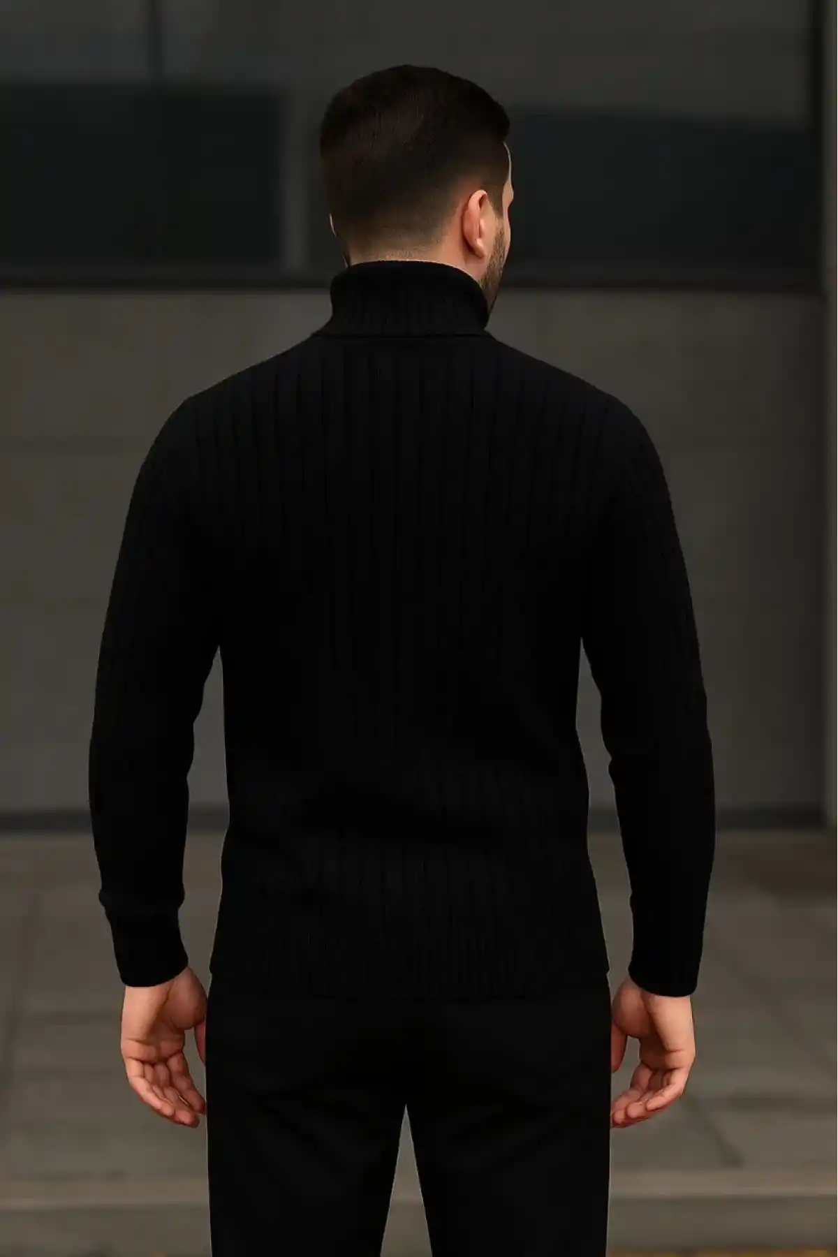 Erkek Balıkcı Yaka Bağazlı Triko Kazak Pamuklu Kalın Fitilli Dokuma Regular Fit - Siyah