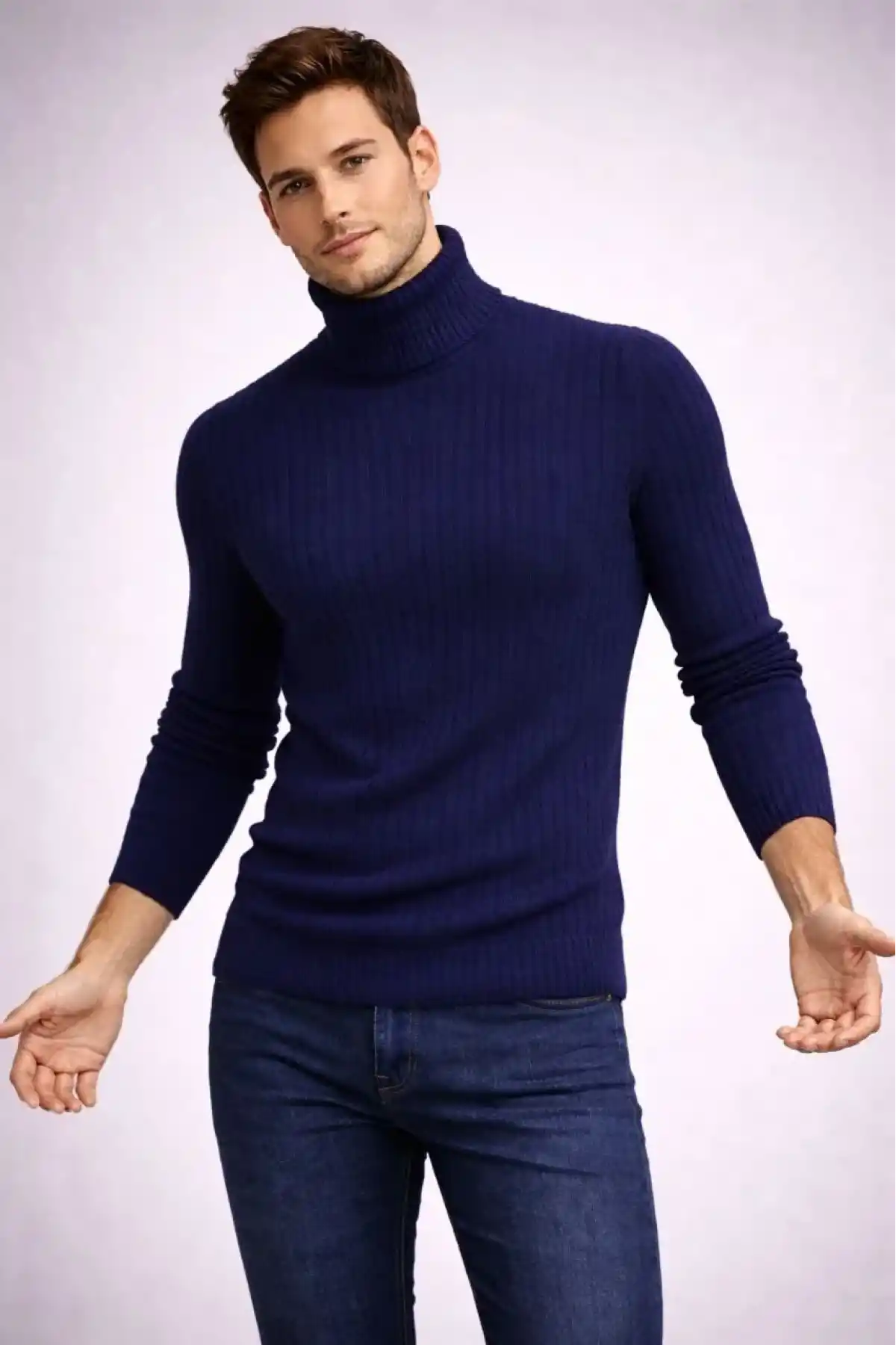 Erkek Balıkcı Yaka Bağazlı Triko Kazak Pamuklu Kalın Fitilli Dokuma Regular Fit - Lacivert