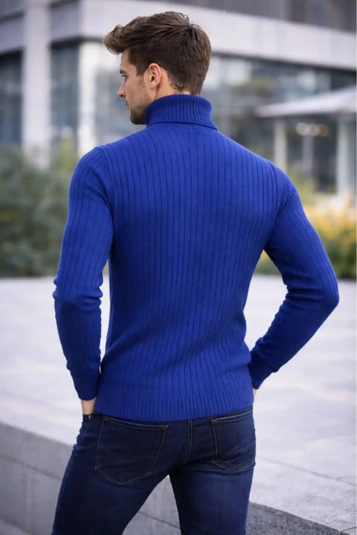 Erkek Balıkcı Yaka Bağazlı Triko Kazak Pamuklu Kalın Fitilli Dokuma Regular Fit - İndigo