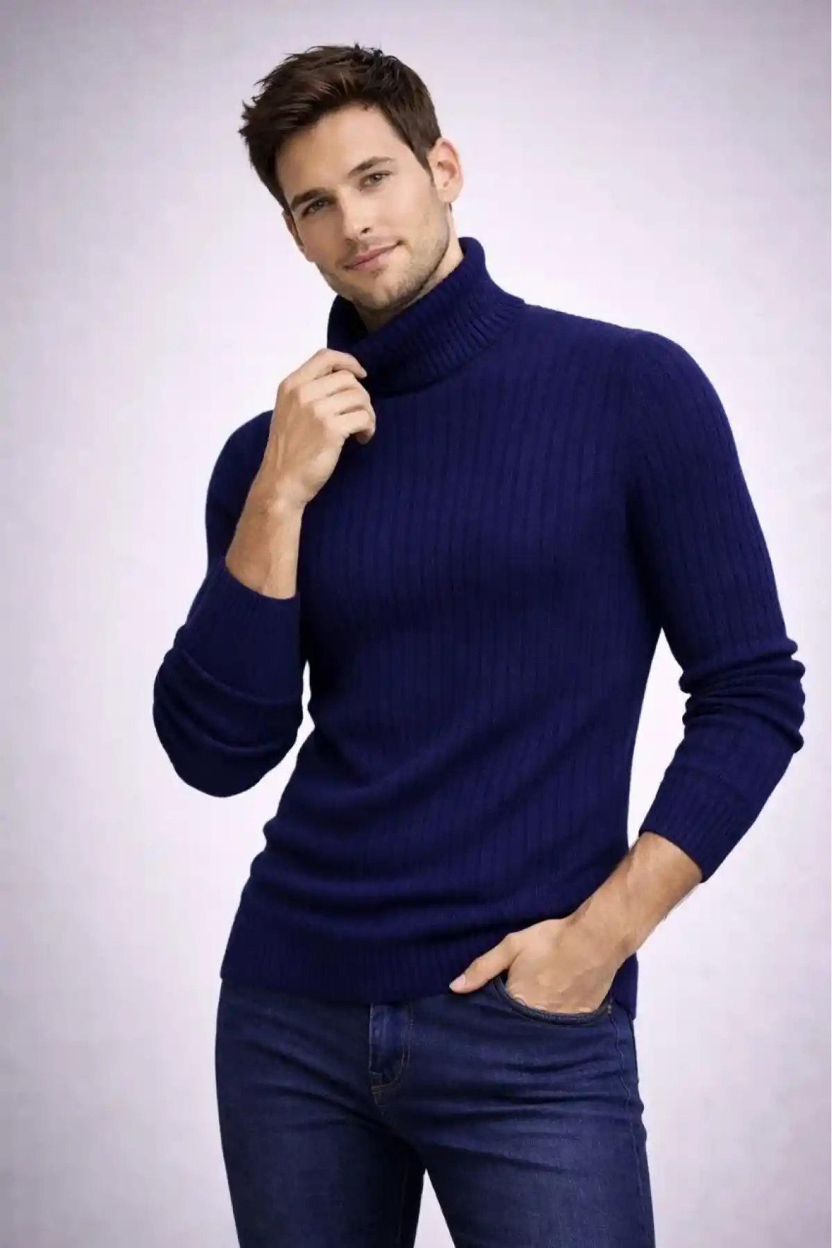 Erkek Balıkcı Yaka Bağazlı Triko Kazak Pamuklu Kalın Fitilli Dokuma Regular Fit - Lacivert