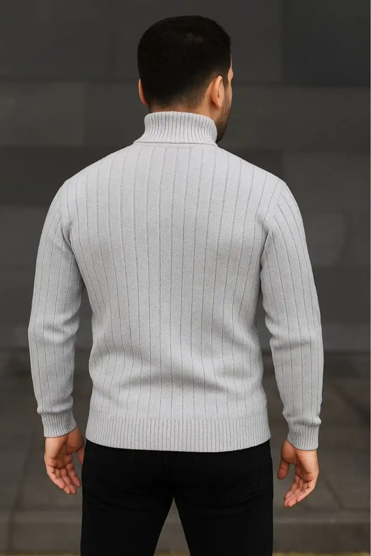 Erkek Balıkcı Yaka Bağazlı Triko Kazak Pamuklu Kalın Fitilli Dokuma Regular Fit Uzun - Gri