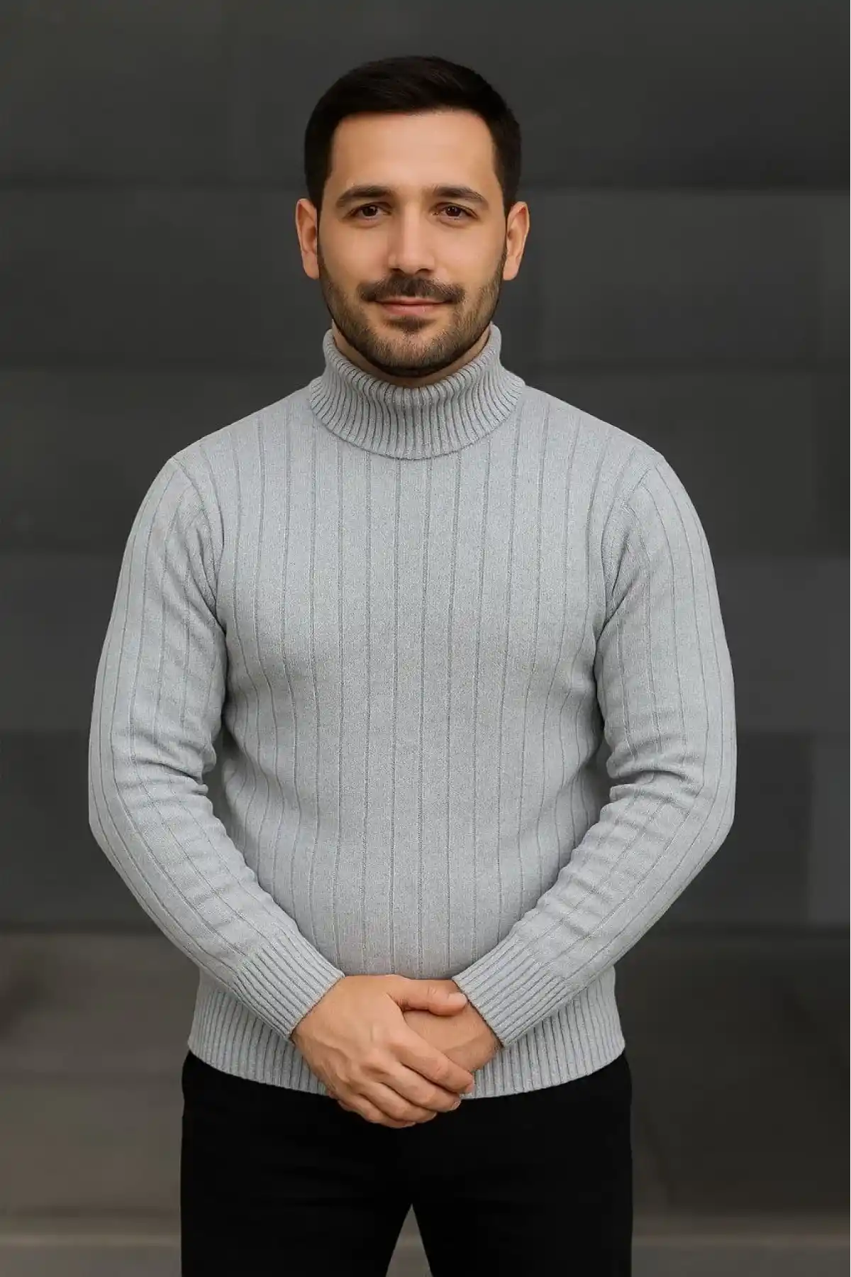 Erkek Balıkcı Yaka Bağazlı Triko Kazak Pamuklu Kalın Fitilli Dokuma Regular Fit Uzun - Gri