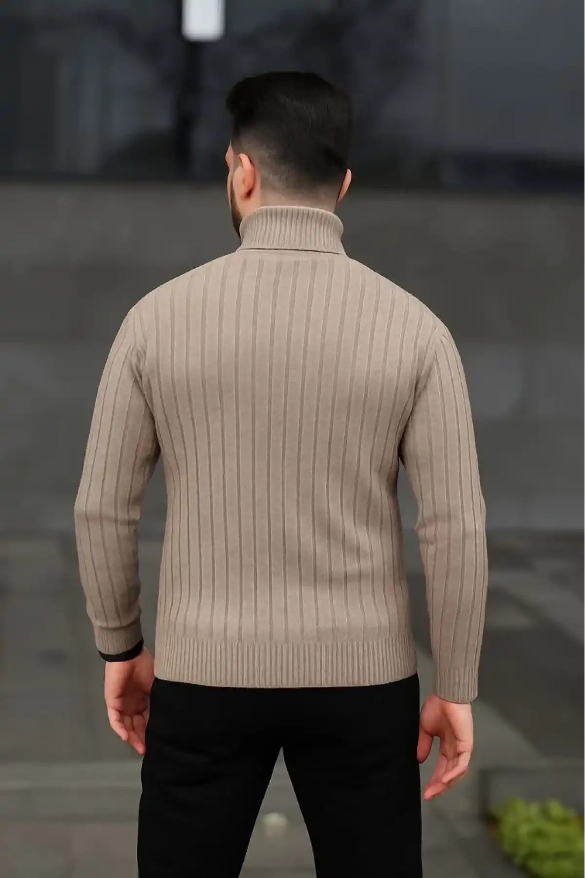 Erkek Balıkcı Yaka Bağazlı Triko Kazak Pamuklu Kalın Fitilli Dokuma Regular Fit Uzun - Bej