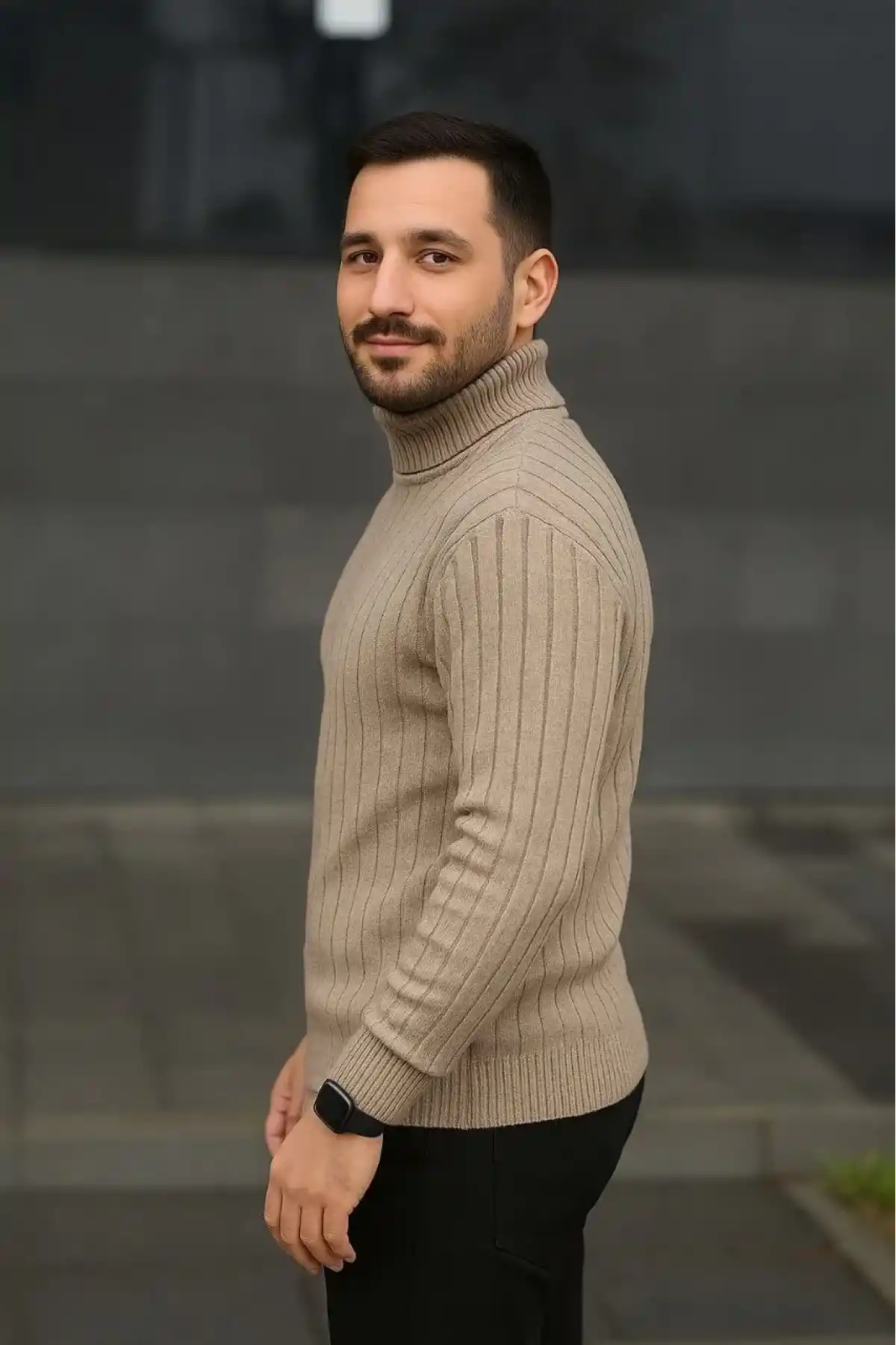 Erkek Balıkcı Yaka Bağazlı Triko Kazak Pamuklu Kalın Fitilli Dokuma Regular Fit Uzun - Bej