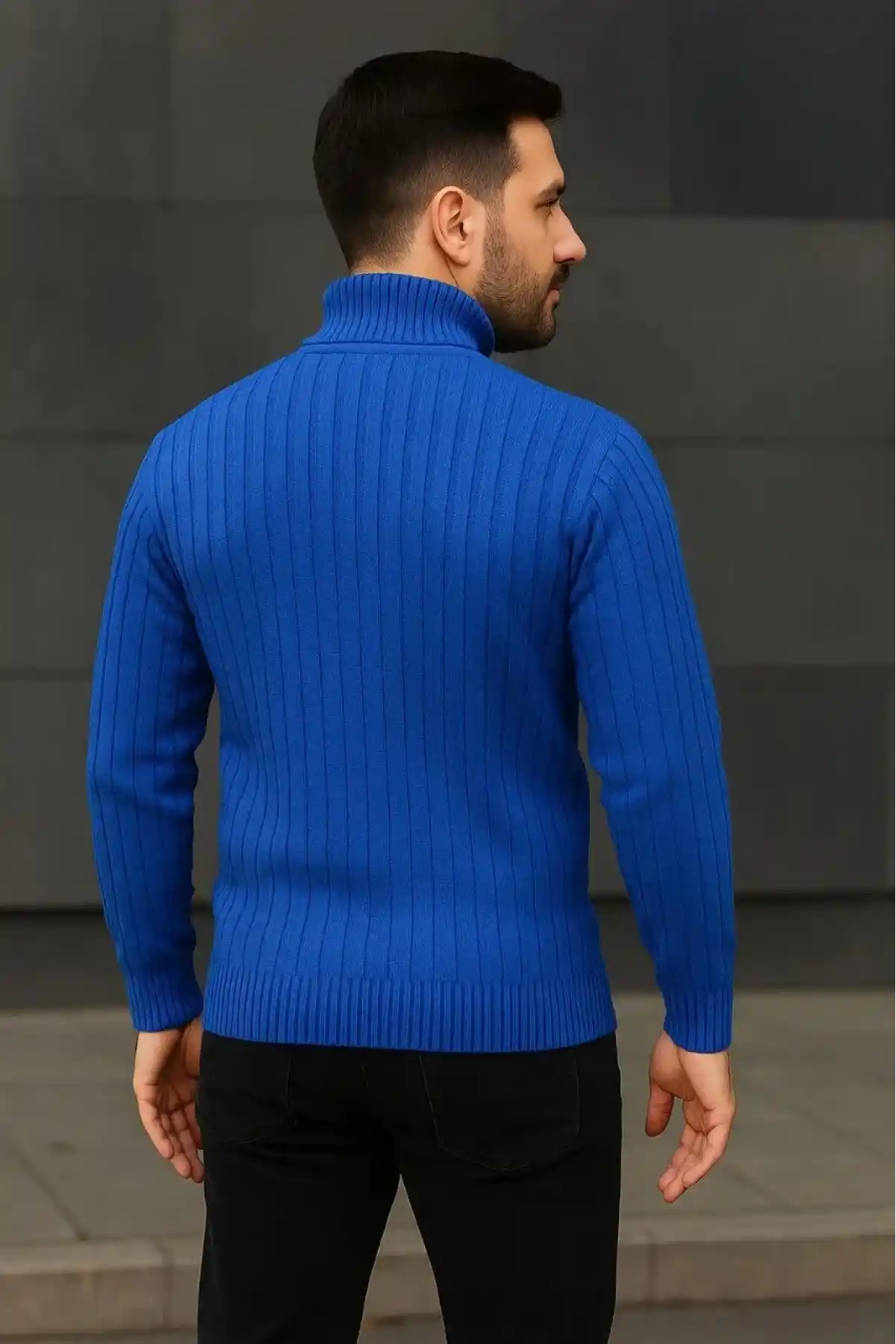 Erkek Balıkcı Yaka Bağazlı Triko Kazak Pamuklu Kalın Fitilli Dokuma Regular - Saks Mavisi