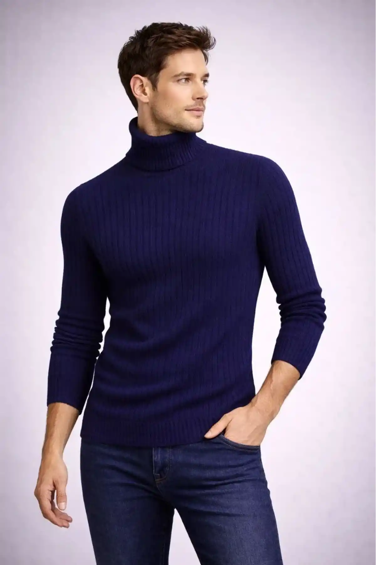 Erkek Balıkcı Yaka Bağazlı Triko Kazak Pamuklu Kalın Fitilli Dokuma Regular Fit - Lacivert