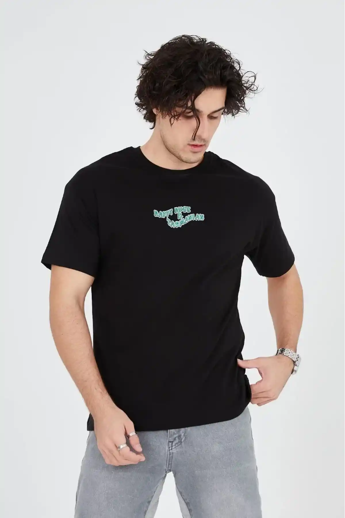 Erkek Baskılı 24/1 Penye T-Shirt - Siyah