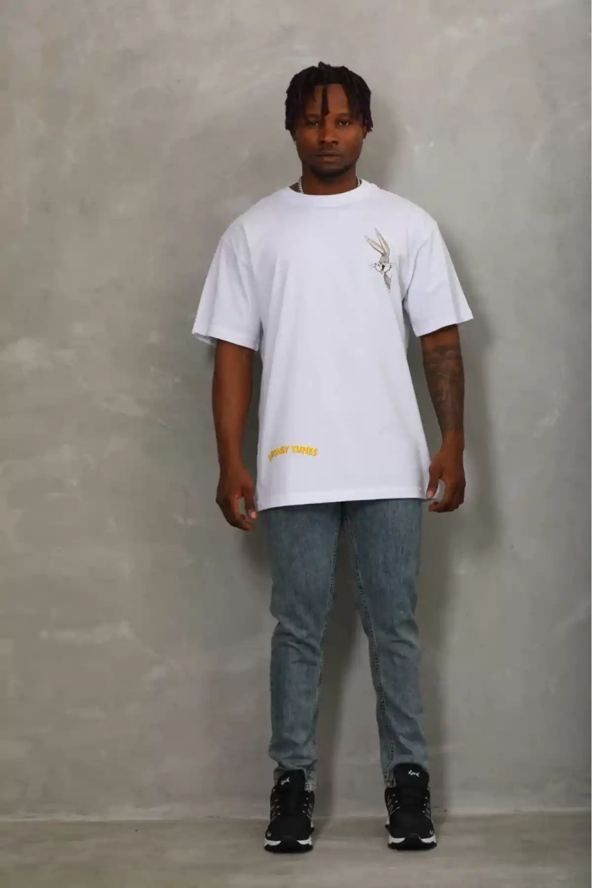 Unisex Oversize Baskılı Bisiklet Yaka T-Shirt - Beyaz