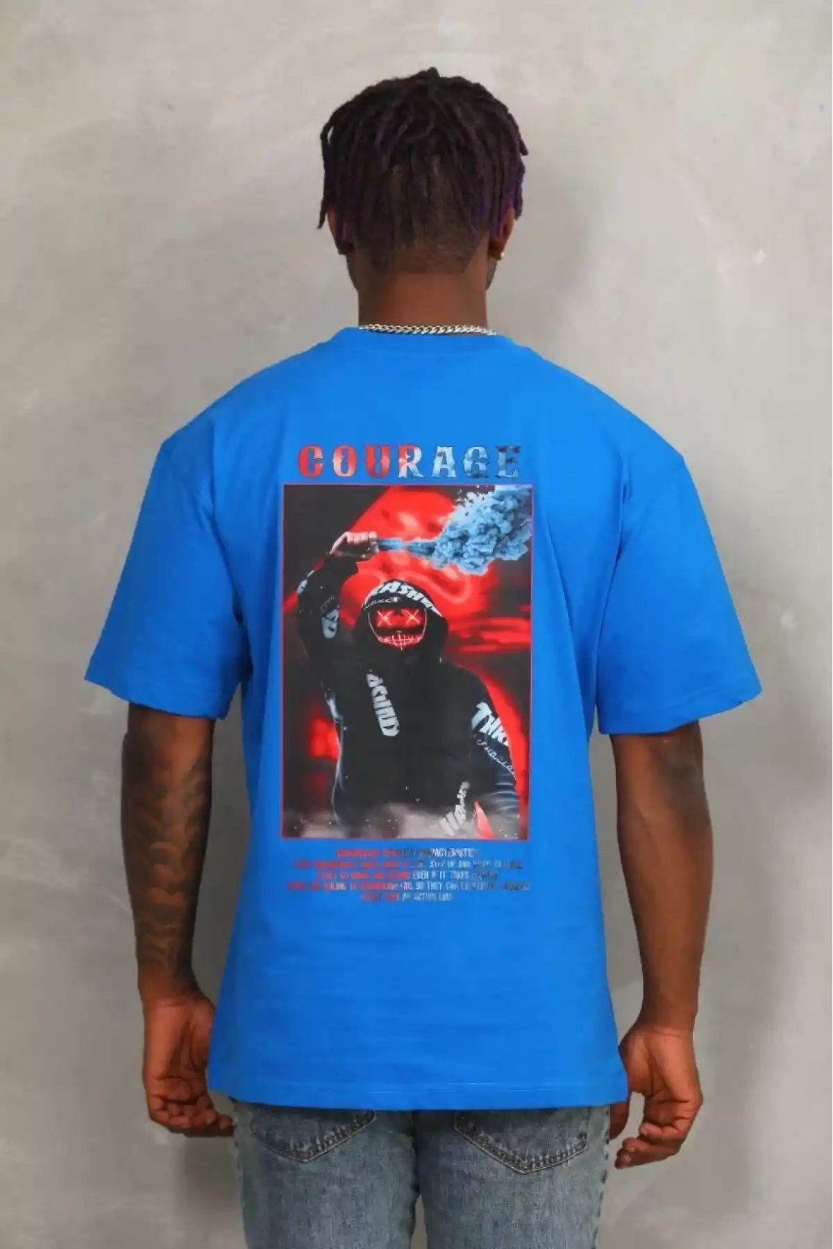 Unisex Oversize Baskılı Bisiklet Yaka T-Shirt - Mavi