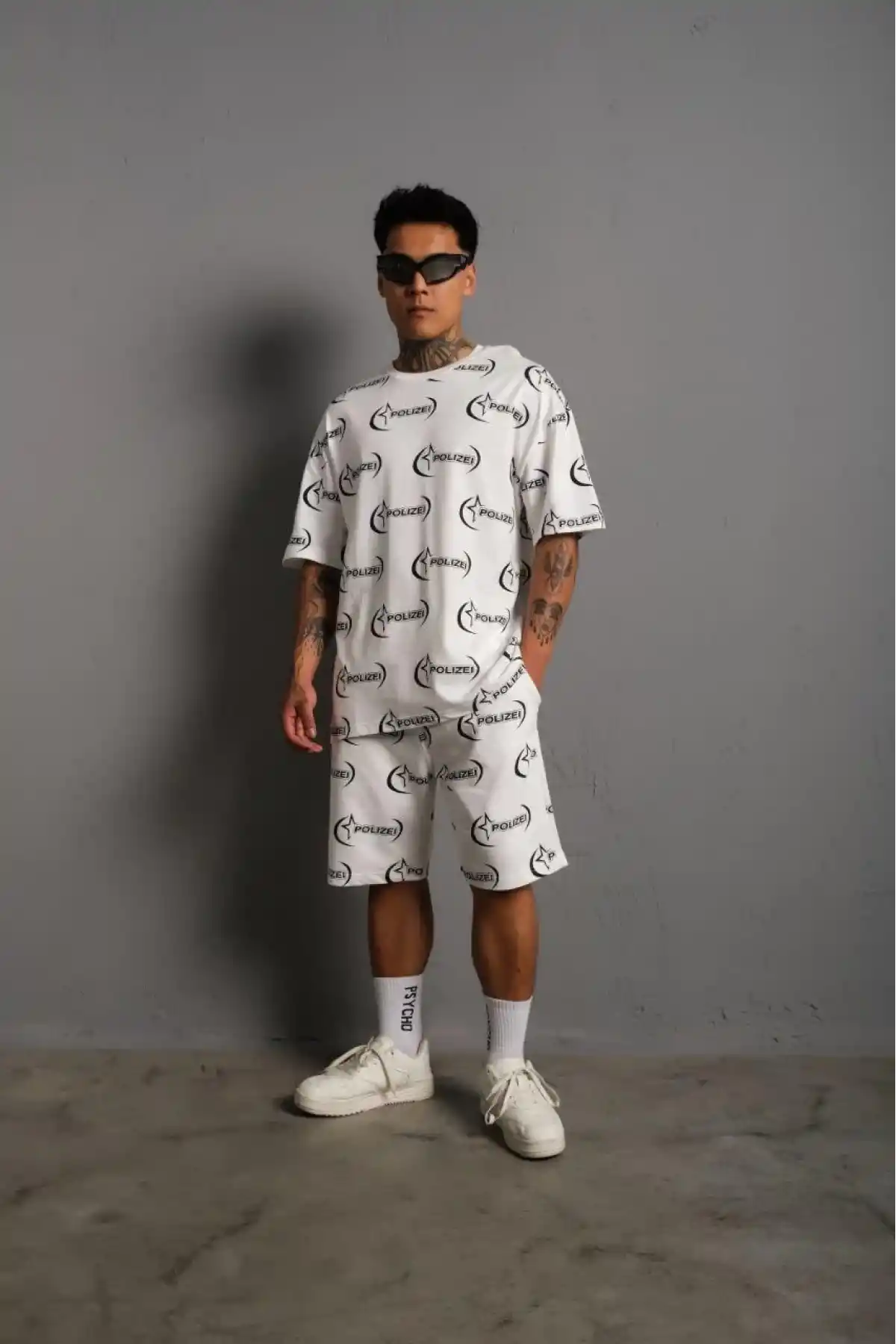 Erkek Baskılı İkili Şortlu Alt-Üst Takım - Beyaz