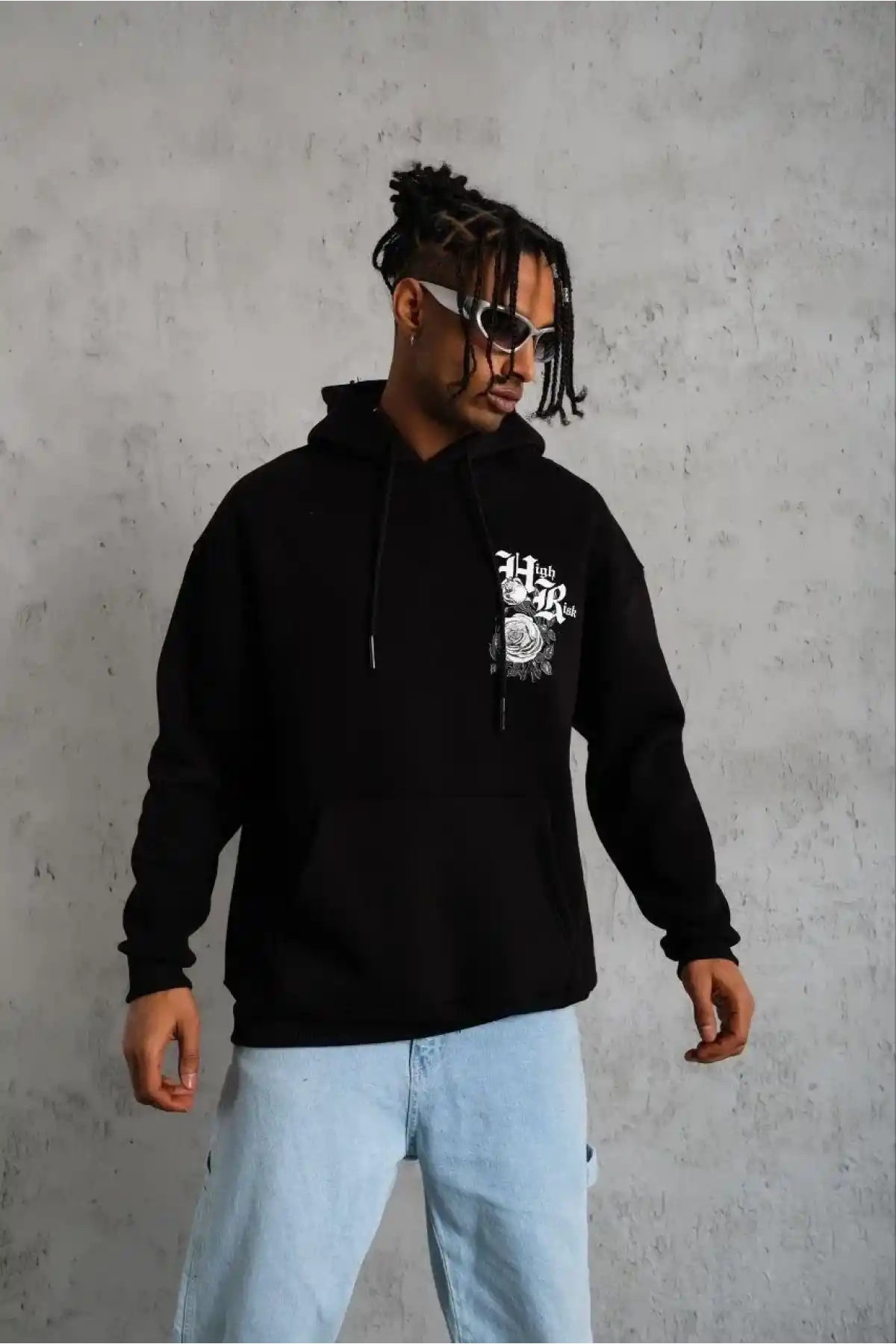 Erkek 3 İplik Pamuklu Kapüşonlu Baskılı Cepli Oversize Sweatshirt Hoodie - Siyah