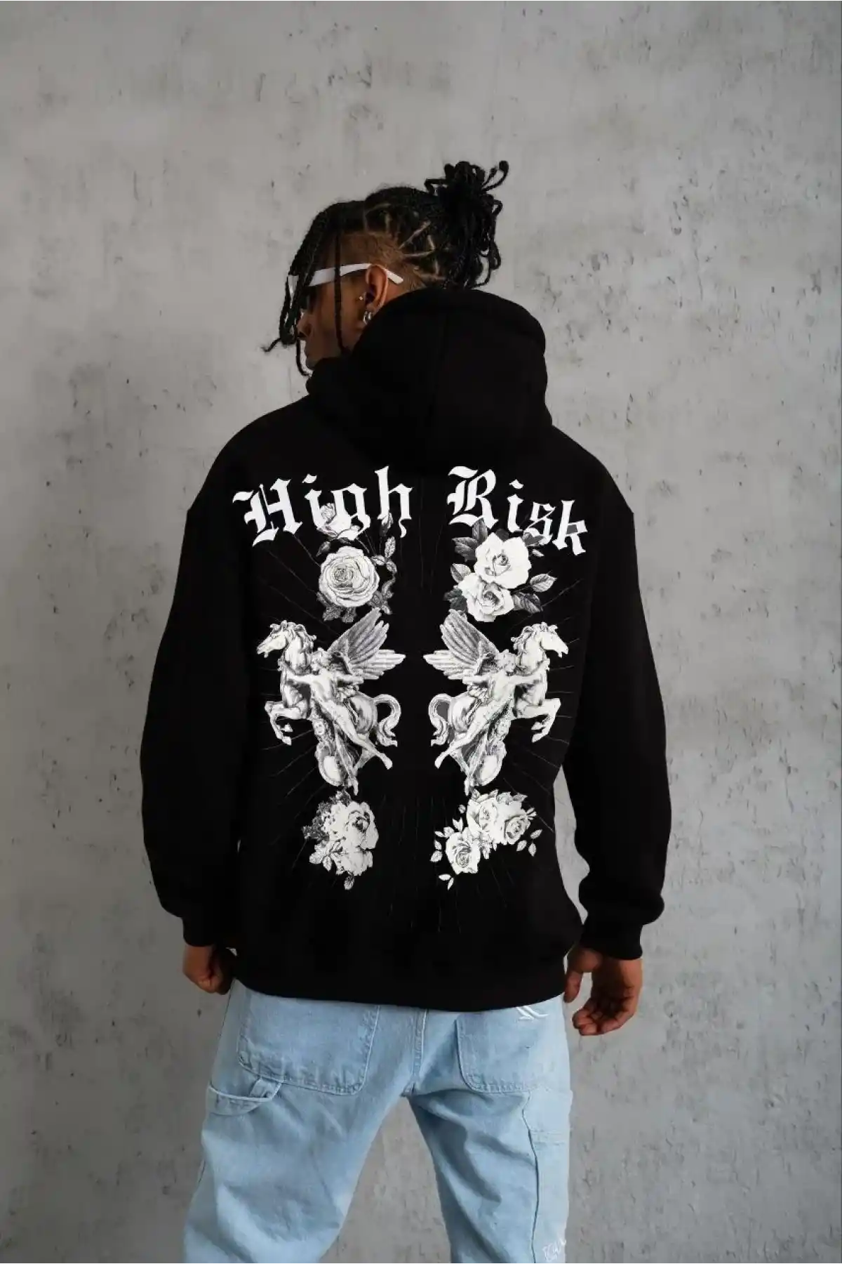 Erkek 3 İplik Pamuklu Kapüşonlu Baskılı Cepli Oversize Sweatshirt Hoodie - Siyah