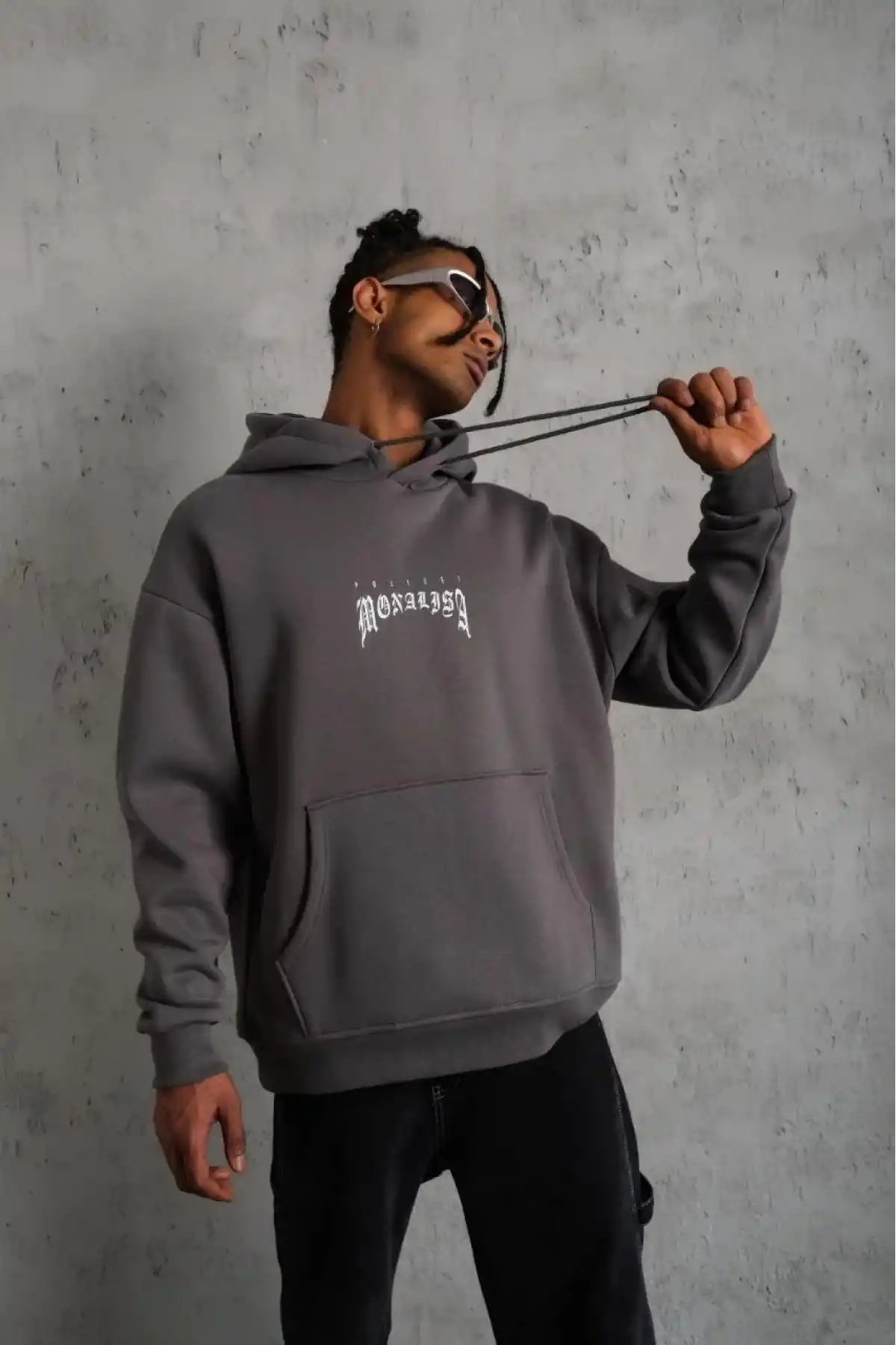 Erkek 3 İplik Pamuklu Kapüşonlu Baskılı Cepli Oversize Sweatshirt Hoodie - Gri