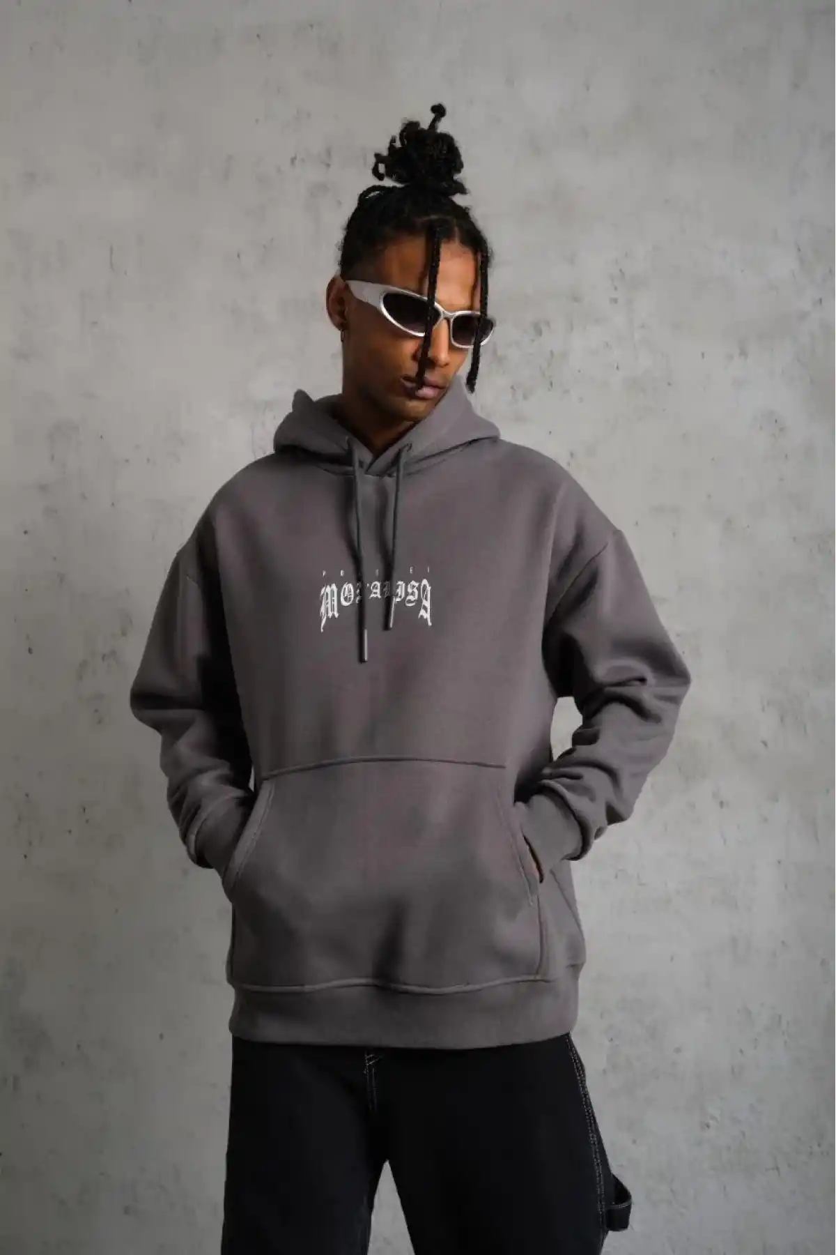 Erkek 3 İplik Pamuklu Kapüşonlu Baskılı Cepli Oversize Sweatshirt Hoodie - Gri