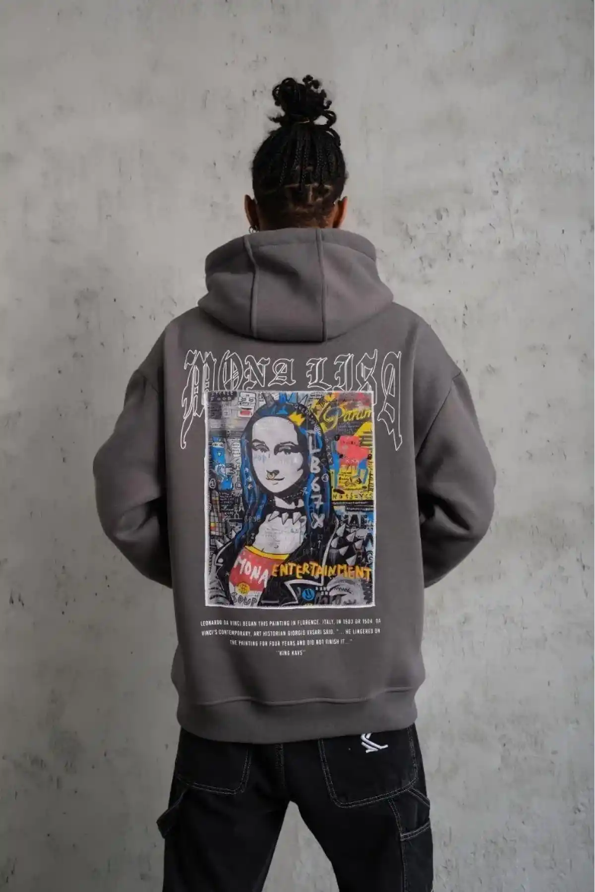 Erkek 3 İplik Pamuklu Kapüşonlu Baskılı Cepli Oversize Sweatshirt Hoodie - Gri