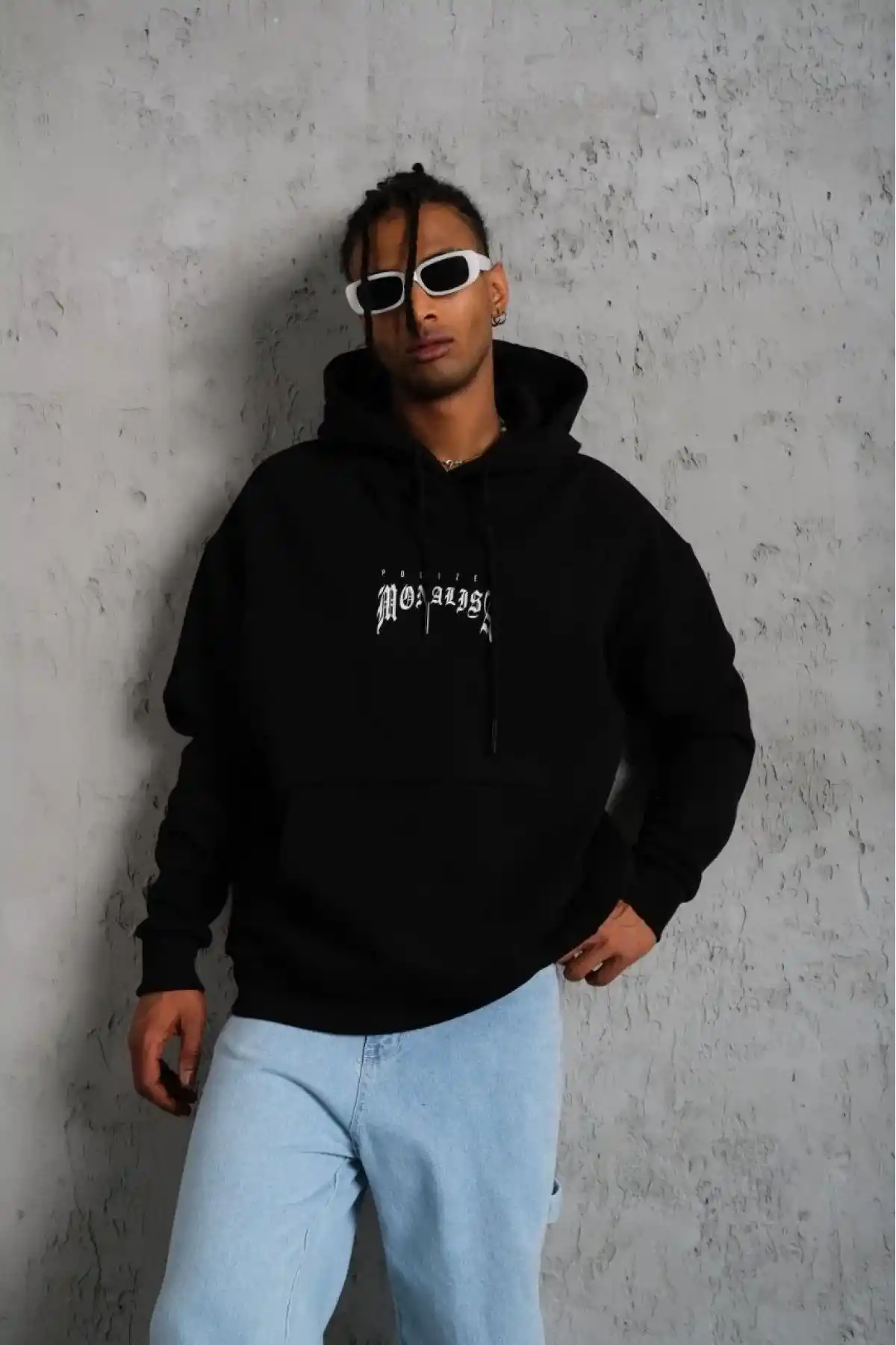 Erkek Baskılı Kapüşonlu ve Kanguru Cepli Sweatshirt hoodie- Siyah