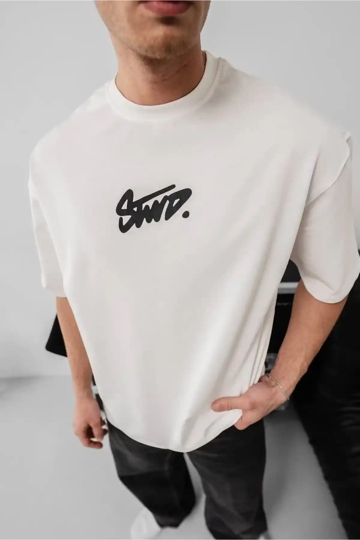 Erkek Baskılı Oversize T-shirt - Beyaz