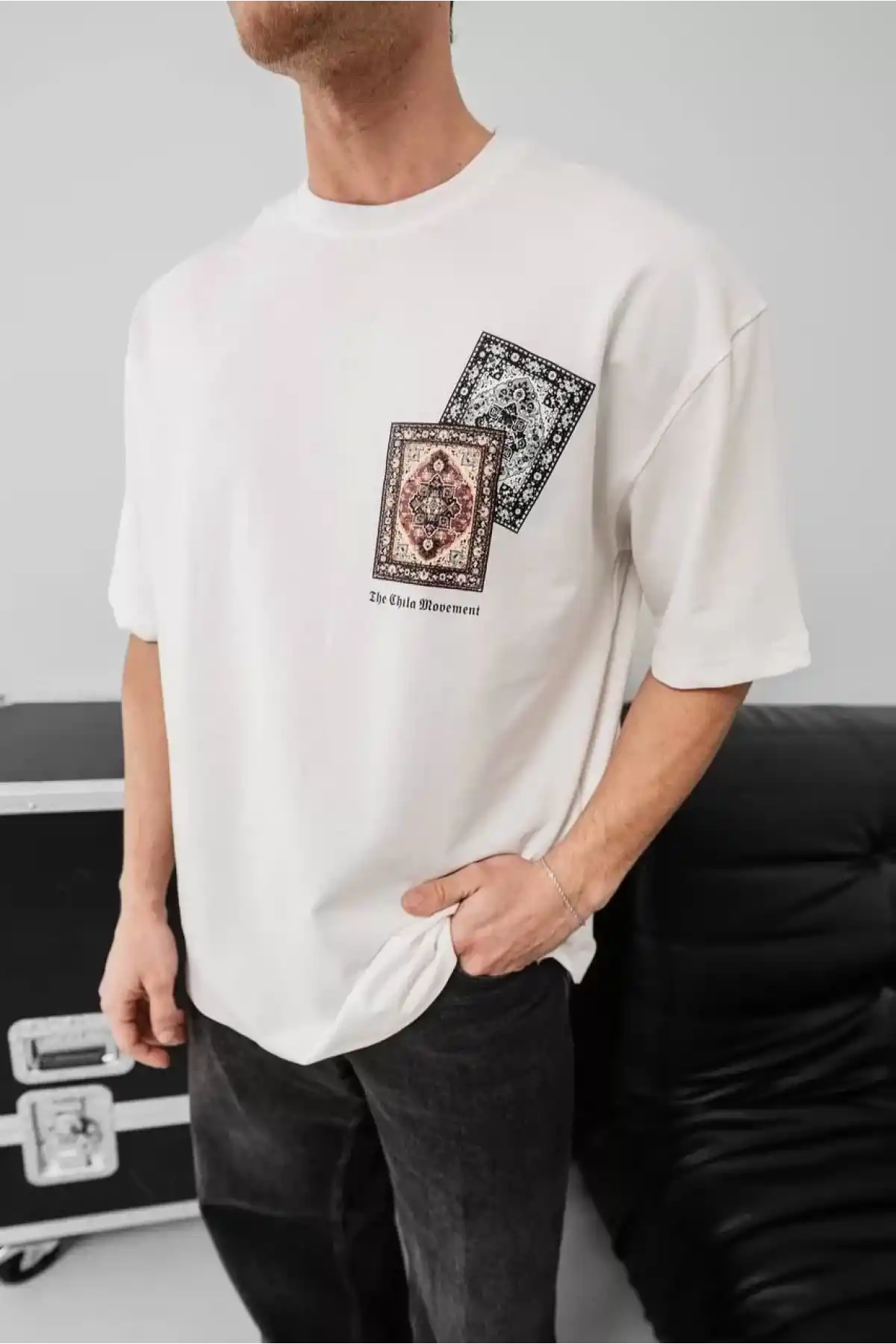 Erkek Baskılı Oversize T-shirt - Beyaz