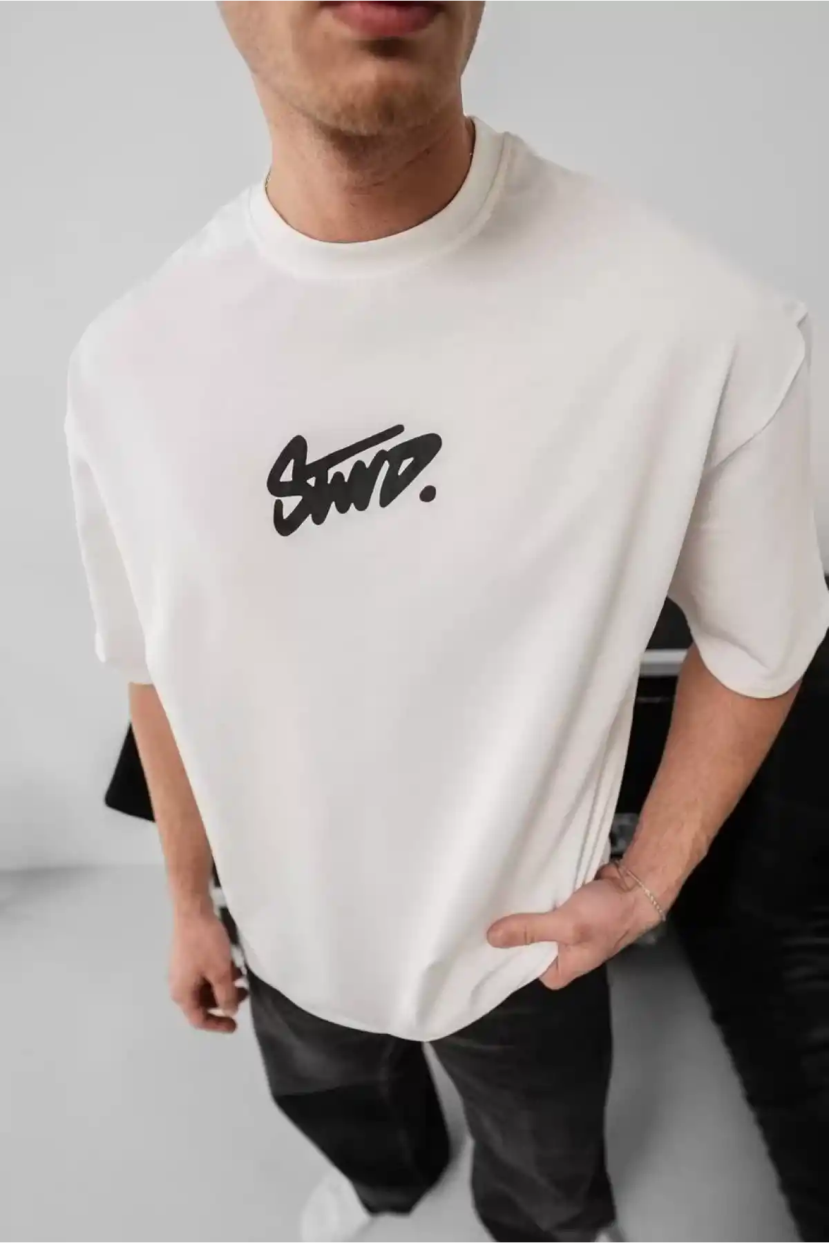 Erkek Baskılı Oversize T-shirt - Beyaz