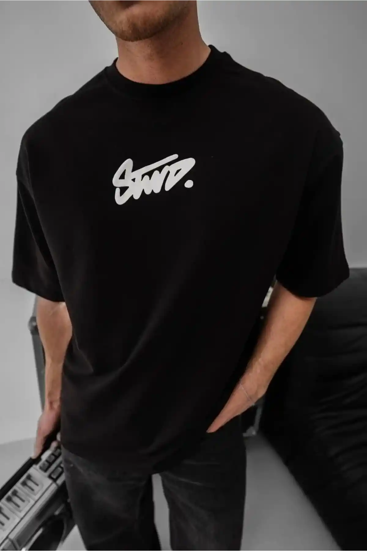 Erkek Baskılı Oversize T-shirt - Siyah