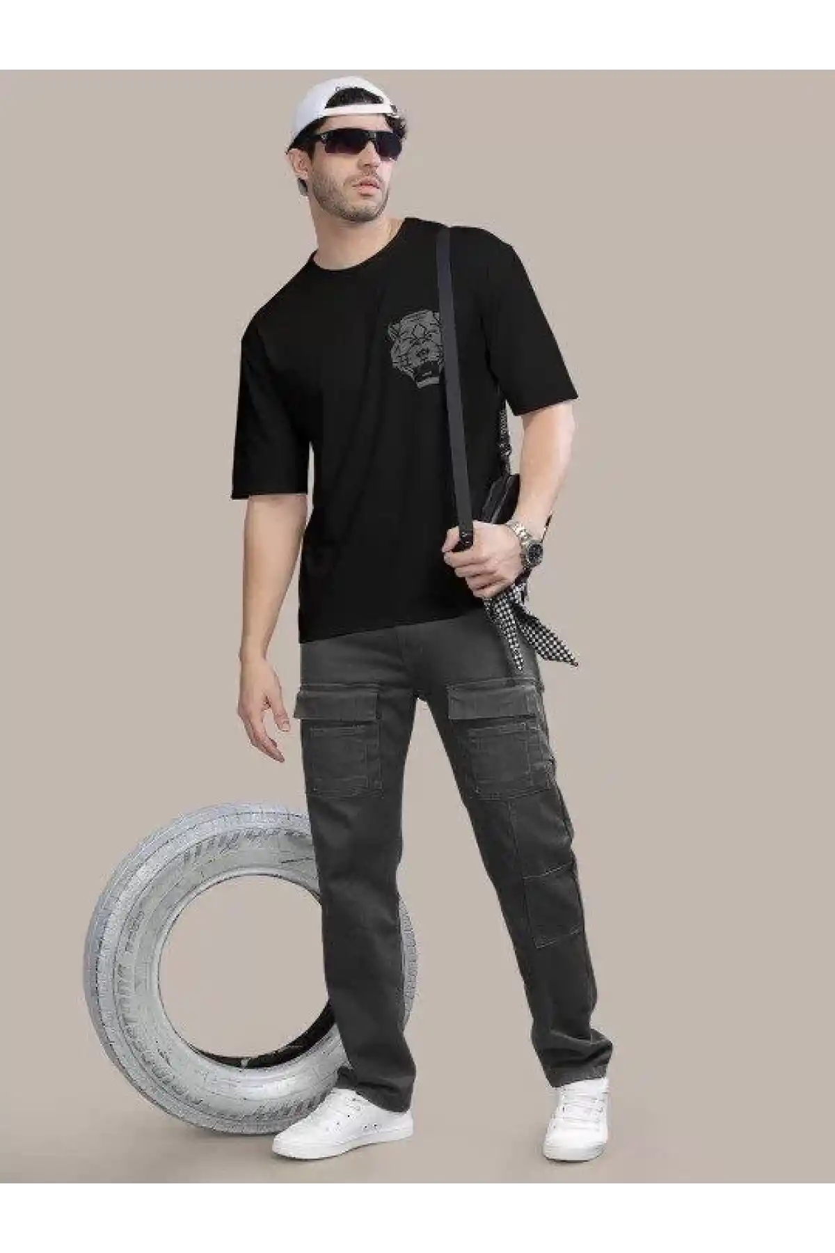 Erkek Baskılı Oversize T-shirt - Siyah