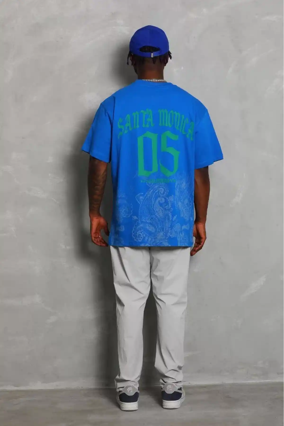 Unisex Oversize Baskılı Bisiklet Yaka T-Shirt - Mavi