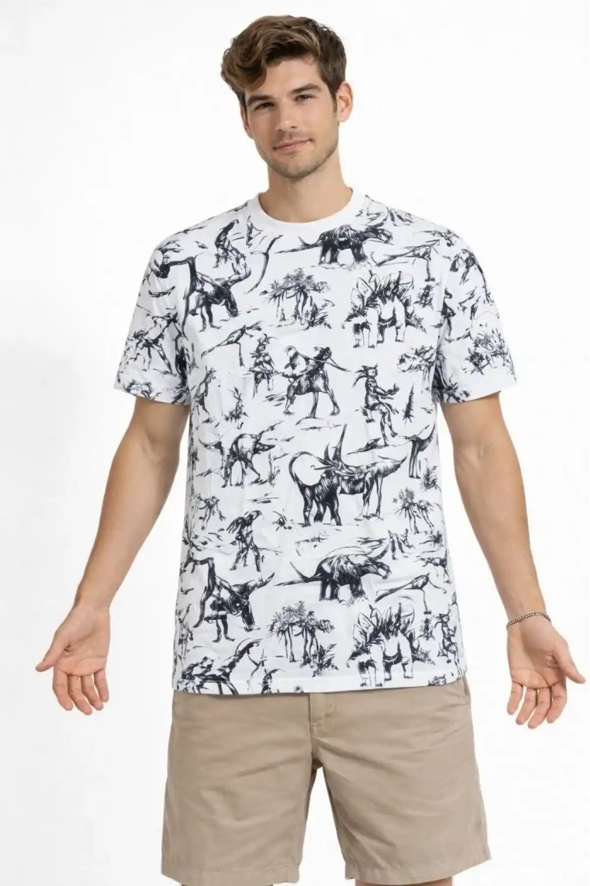 Erkek Beyaz Dinozor Desenli Tişört Regular Fit Bisiklet Yaka Dijital Baskılı - Beyaz