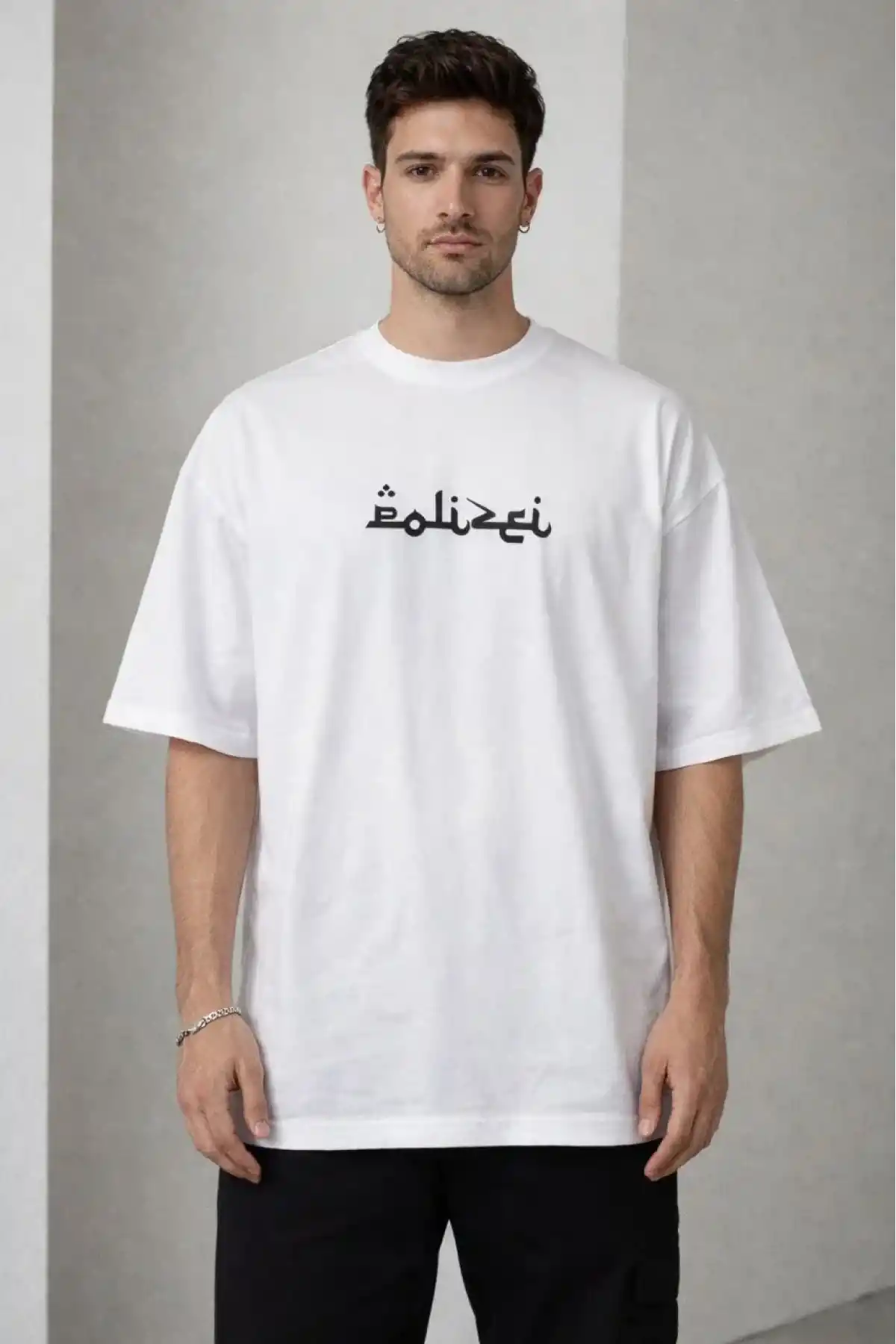 Erkek Bisiklet Yaka Baskılı Kısa Kollu Tişört Streetwear Günlük Basic Pamuklu T-shirt - Beyaz