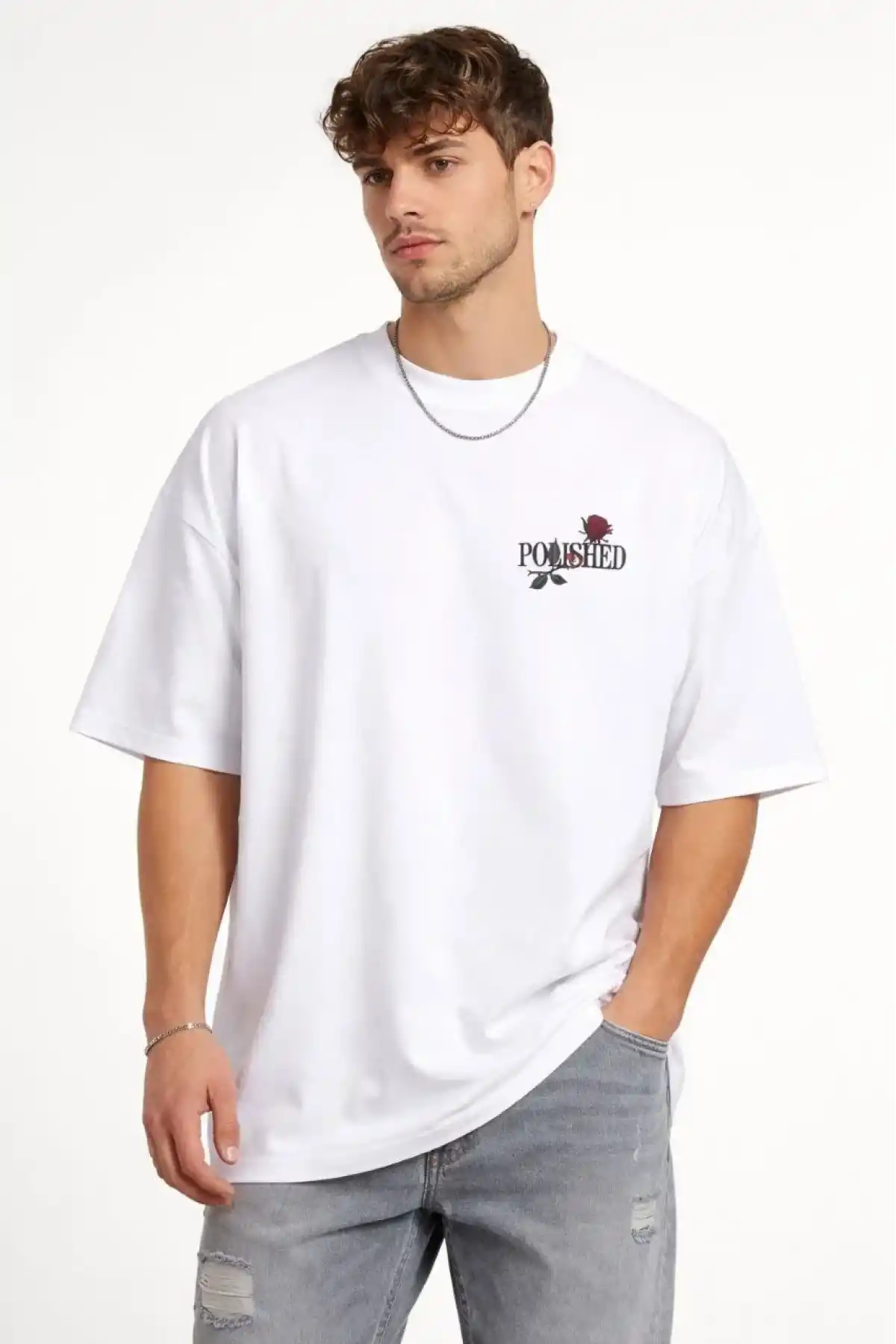 Erkek Bisiklet Yaka Baskılı Kısa Kollu Tişört Streetwear Günlük Basic Pamuklu T-shirt - Beyaz