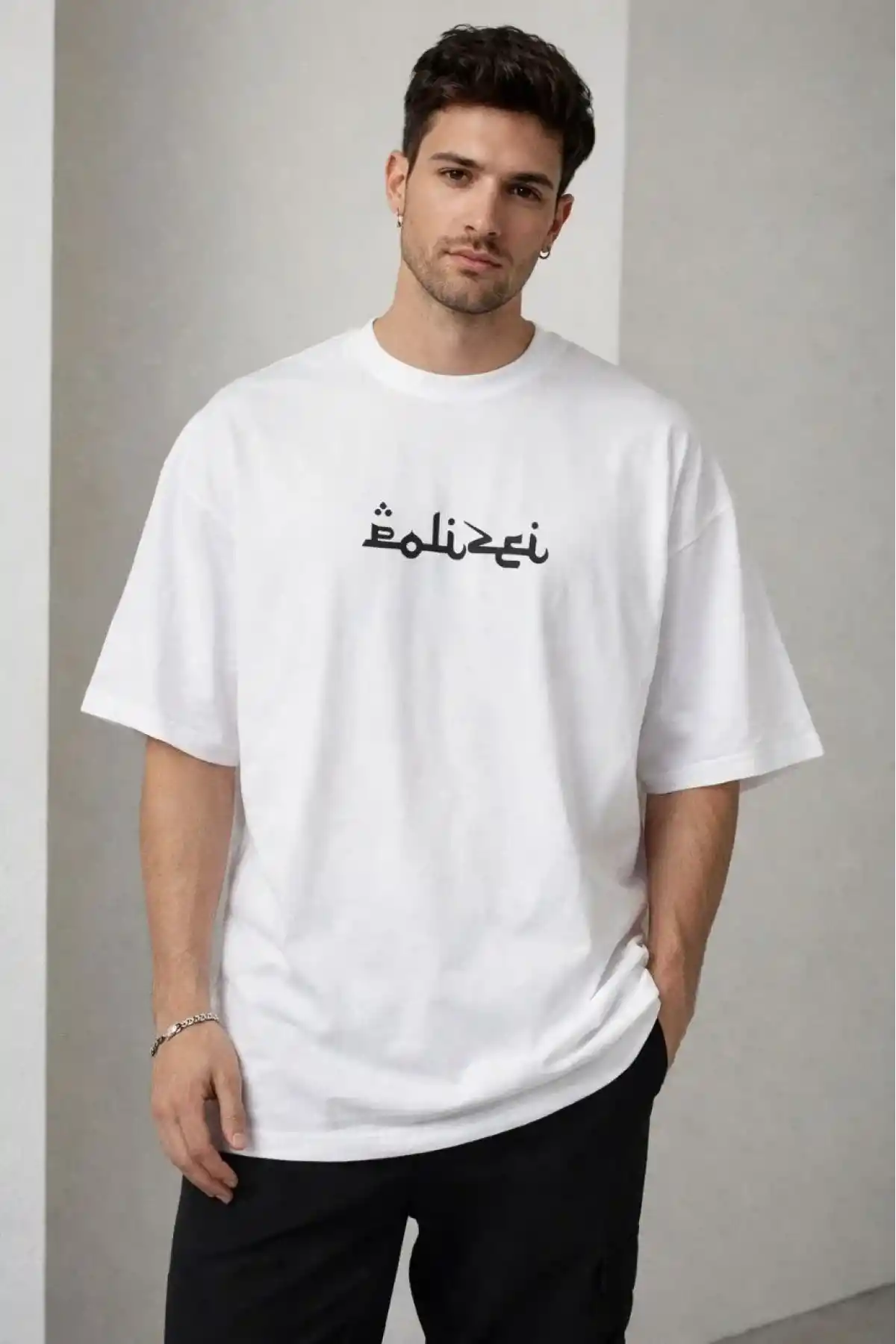 Erkek Bisiklet Yaka Baskılı Kısa Kollu Tişört Streetwear Günlük Basic Pamuklu T-shirt - Beyaz