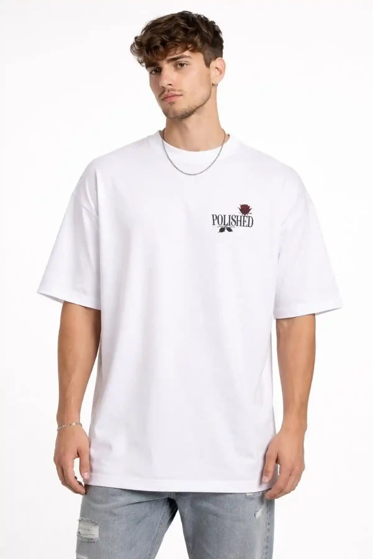 Erkek Bisiklet Yaka Baskılı Kısa Kollu Tişört Streetwear Günlük Basic Pamuklu T-shirt - Beyaz