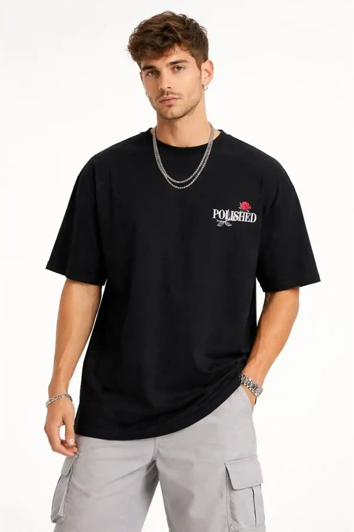 Erkek Bisiklet Yaka Baskılı  Kısa Kollu Tişört Streetwear Günlük Basic Pamuklu T-shirt - Siyah