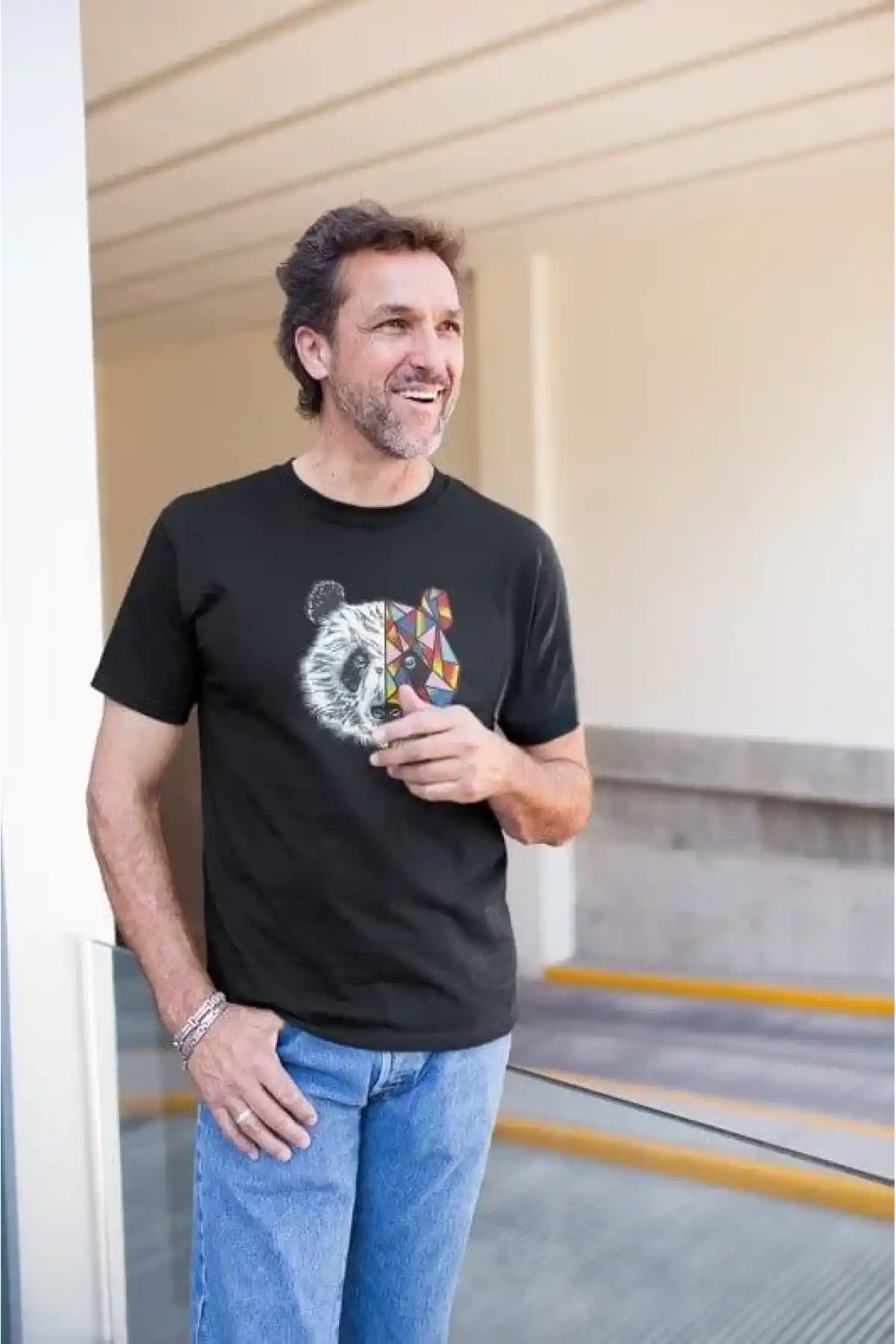 Erkek Bisiklet Yaka Baskılı Oversize T-Shirt - Siyah