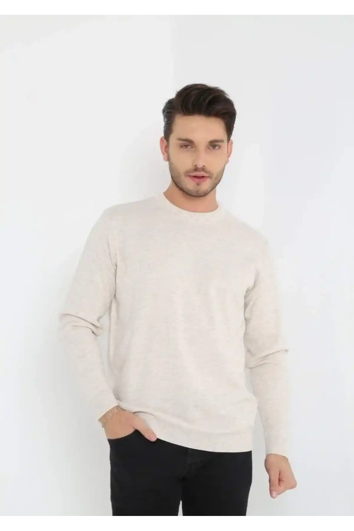 Erkek Bisiklet yaka Kazak Uzun Kol Dokuma Triko - Bej