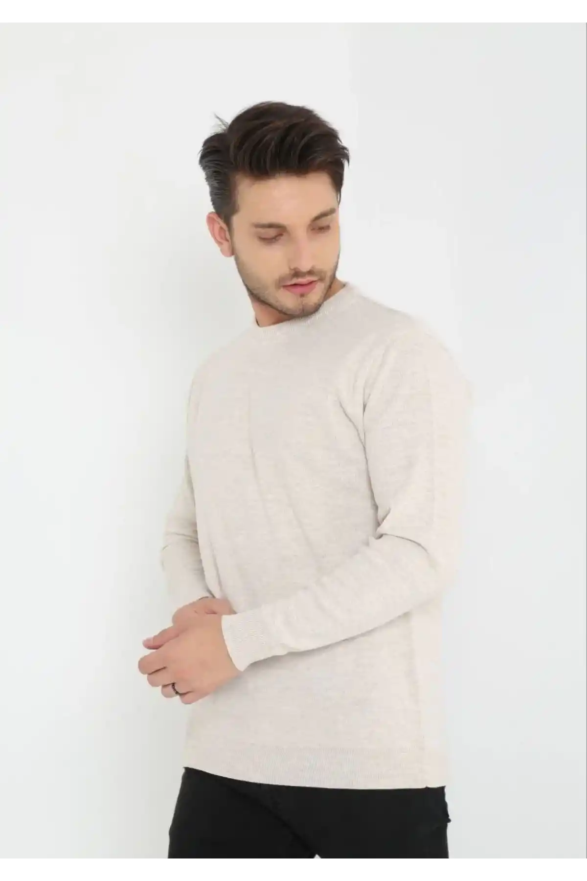 Erkek Bisiklet yaka Kazak Uzun Kol Dokuma Triko - Bej