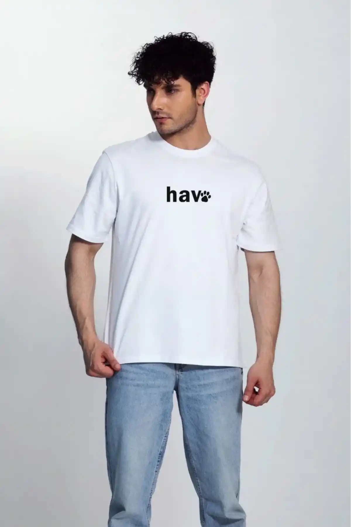 Erkek Bisiklet Yaka Kısa Kol hav Baskılı T-shirt - Beyaz