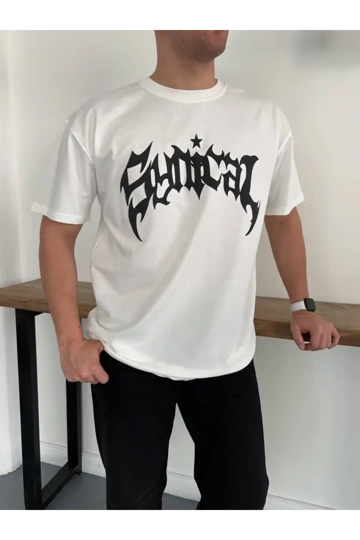 Erkek Bisiklet Yaka Ön Baskılı Kısa Kollu Tişört Streetwear Günlük Basic Pamuklu T-shirt - Beyaz