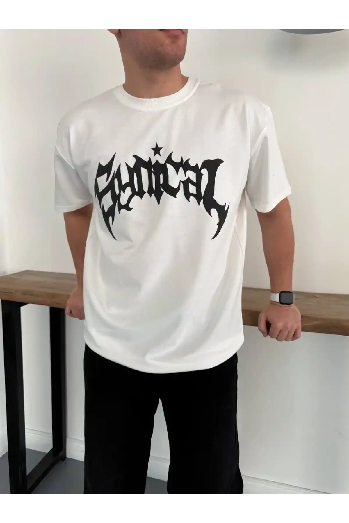 Erkek Bisiklet Yaka Ön Baskılı Kısa Kollu Tişört Streetwear Günlük Basic Pamuklu T-shirt - Beyaz