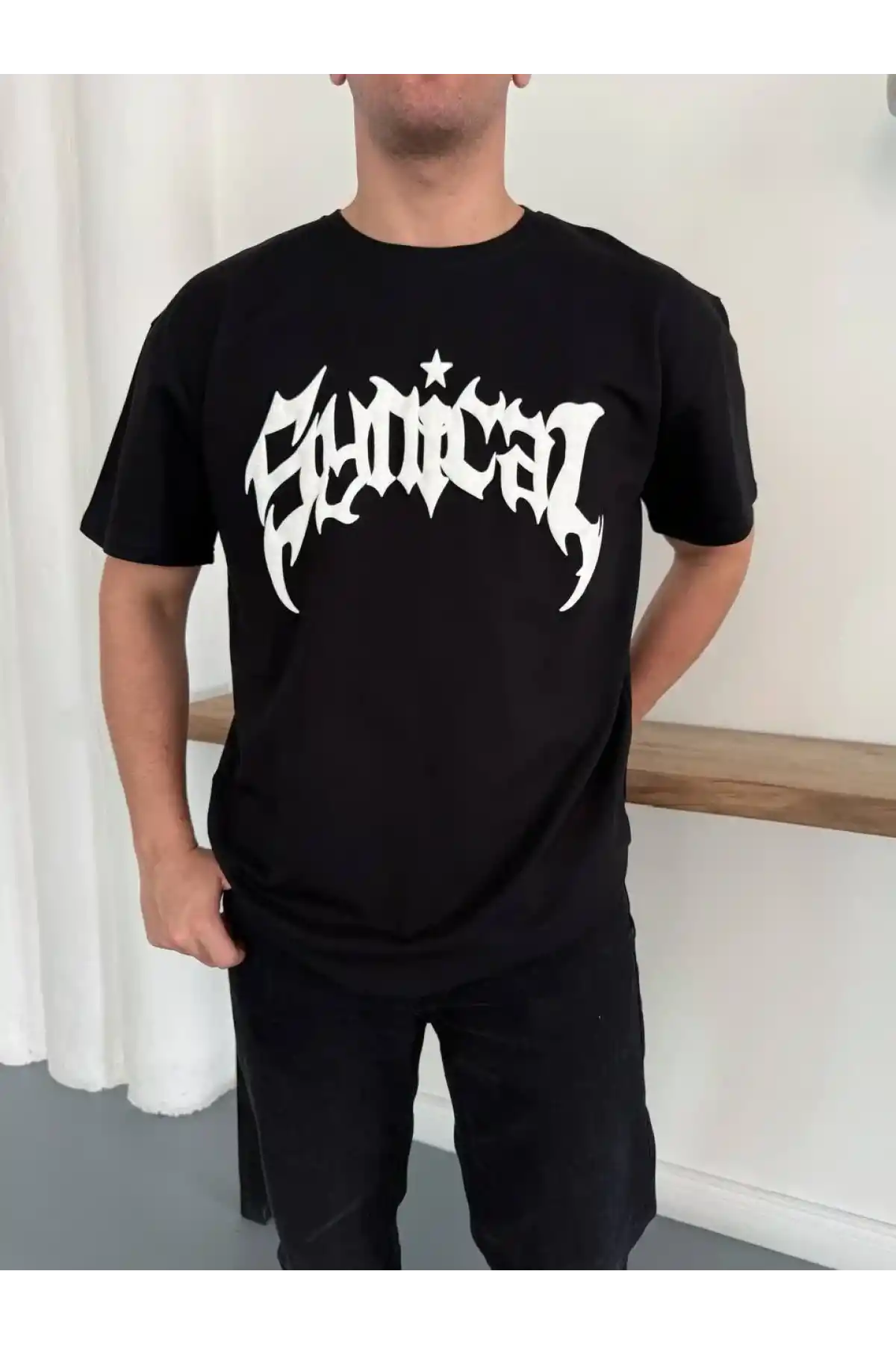 Erkek Bisiklet Yaka Ön Baskılı  Kısa Kollu Tişört Streetwear Günlük Basic Pamuklu T-shirt - Siyah