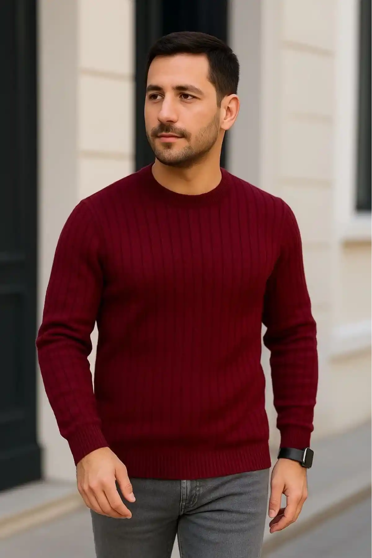 Erkek Bisiklet Yaka Triko Kazak Pamuklu Kalın Fitilli Dokuma Regular Fit - Bordo