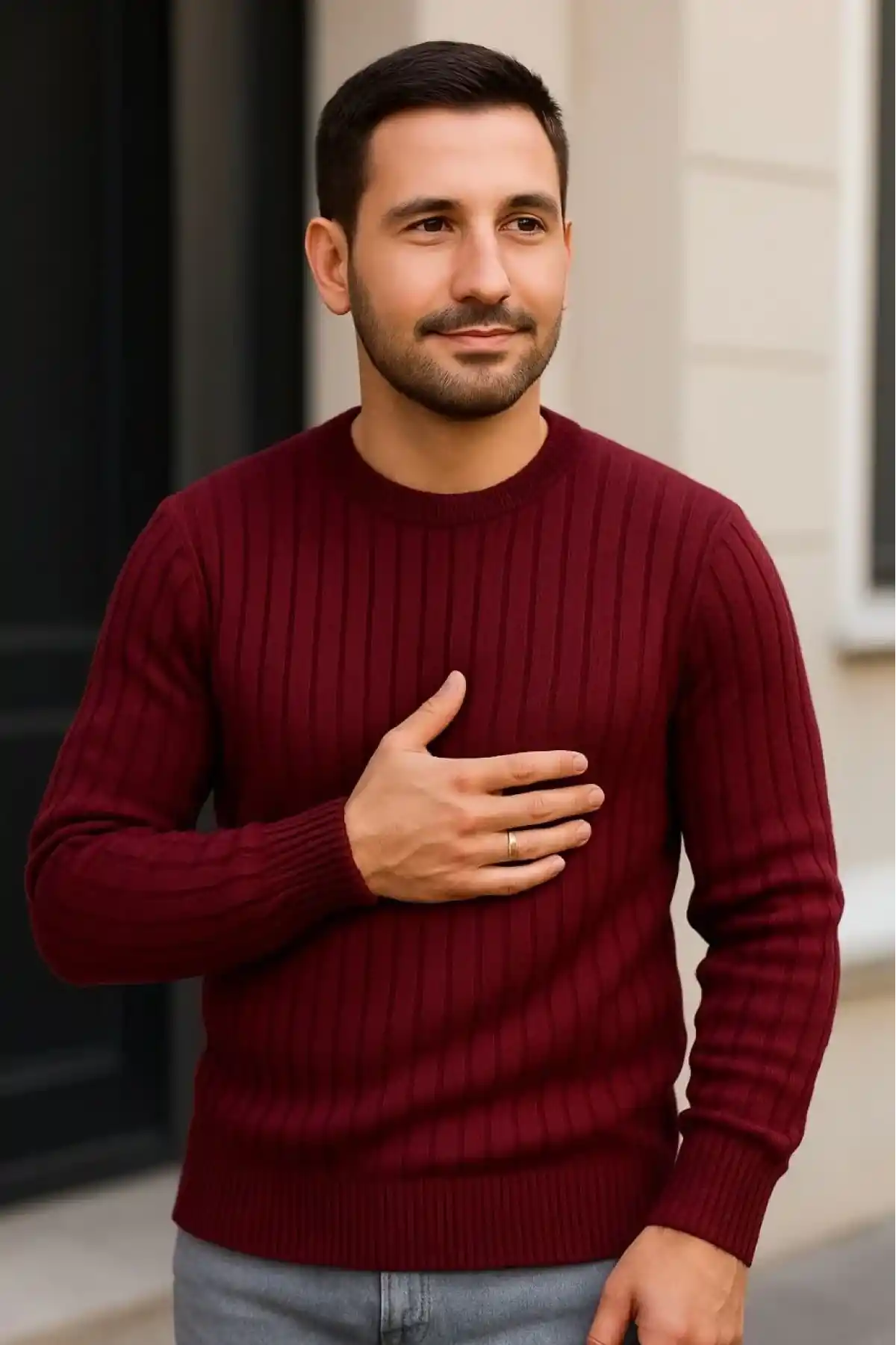 Erkek Bisiklet Yaka Triko Kazak Pamuklu Kalın Fitilli Dokuma Regular Fit - Bordo