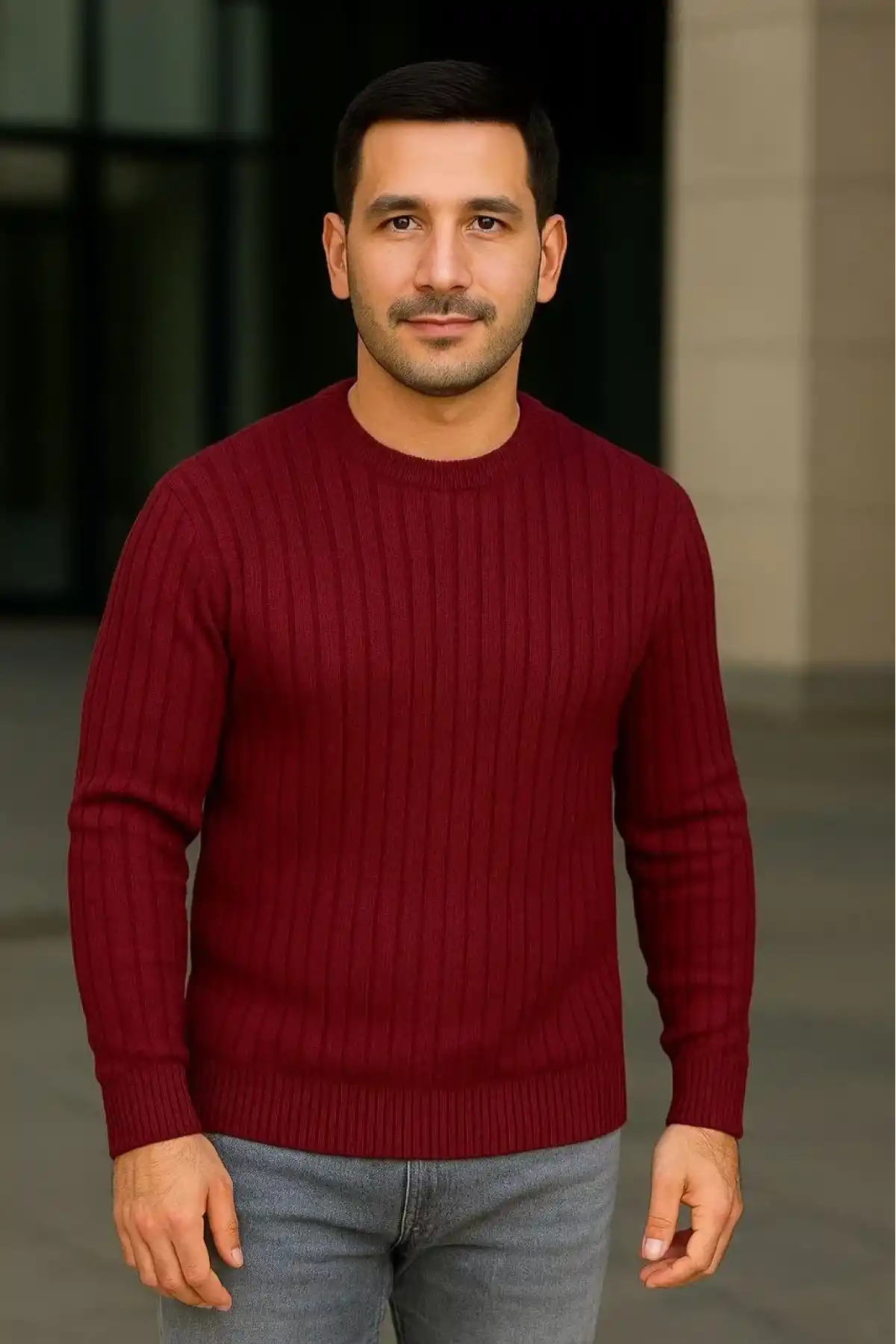 Erkek Bisiklet Yaka Triko Kazak Pamuklu Kalın Fitilli Dokuma Regular Fit - Bordo