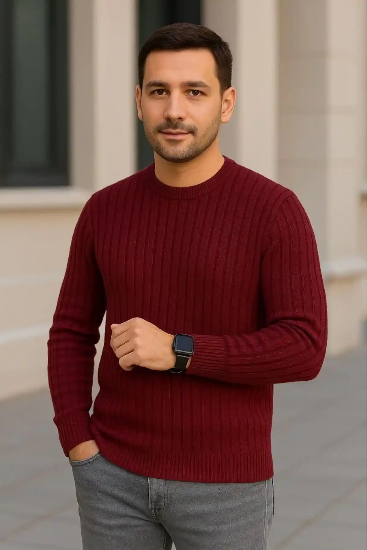 Erkek Bisiklet Yaka Triko Kazak Pamuklu Kalın Fitilli Dokuma Regular Fit - Bordo